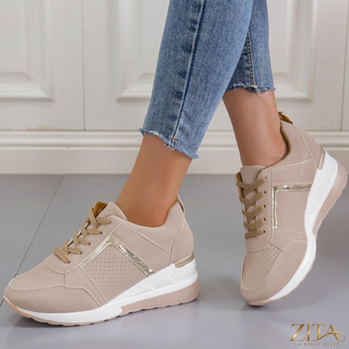 Zita La Belle Elite lace-up wedge sneakers with white and beige design and rubber soles, stylish casual footwear for women
