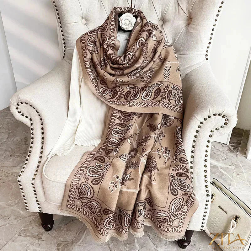 Printed raw hem scarf by Zita La Belle Elite featuring lightweight fabric and a stylish, patterned design.
