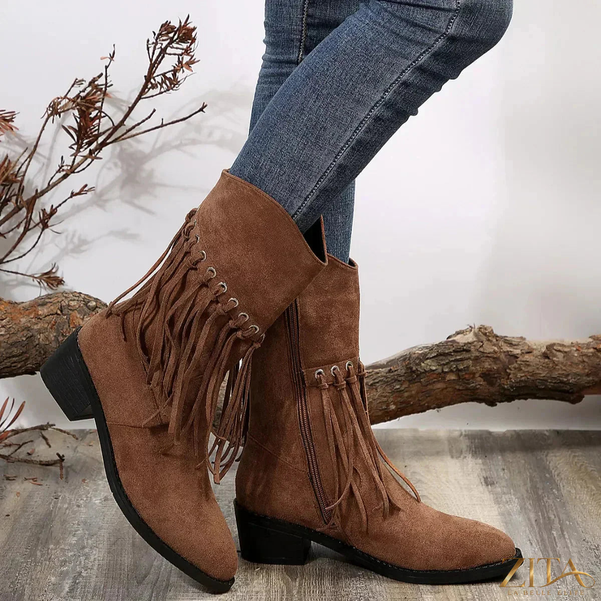Zita La Belle Elite fringe Western block heel boots with tan leather and decorative fringe details.