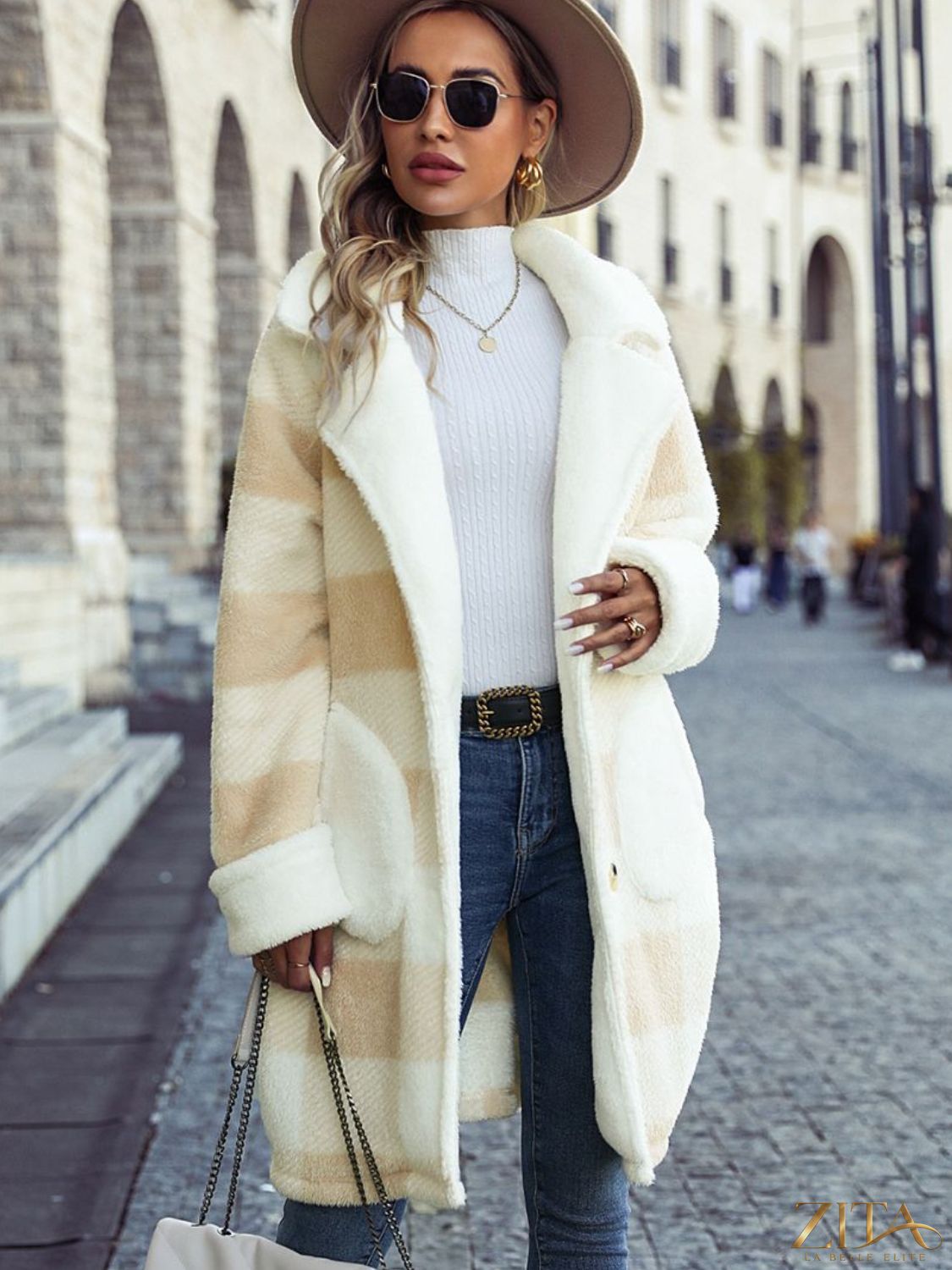 Zita La Belle Elite plaid button-down coat with pockets, featuring a stylish checkered pattern and classic collar detail.