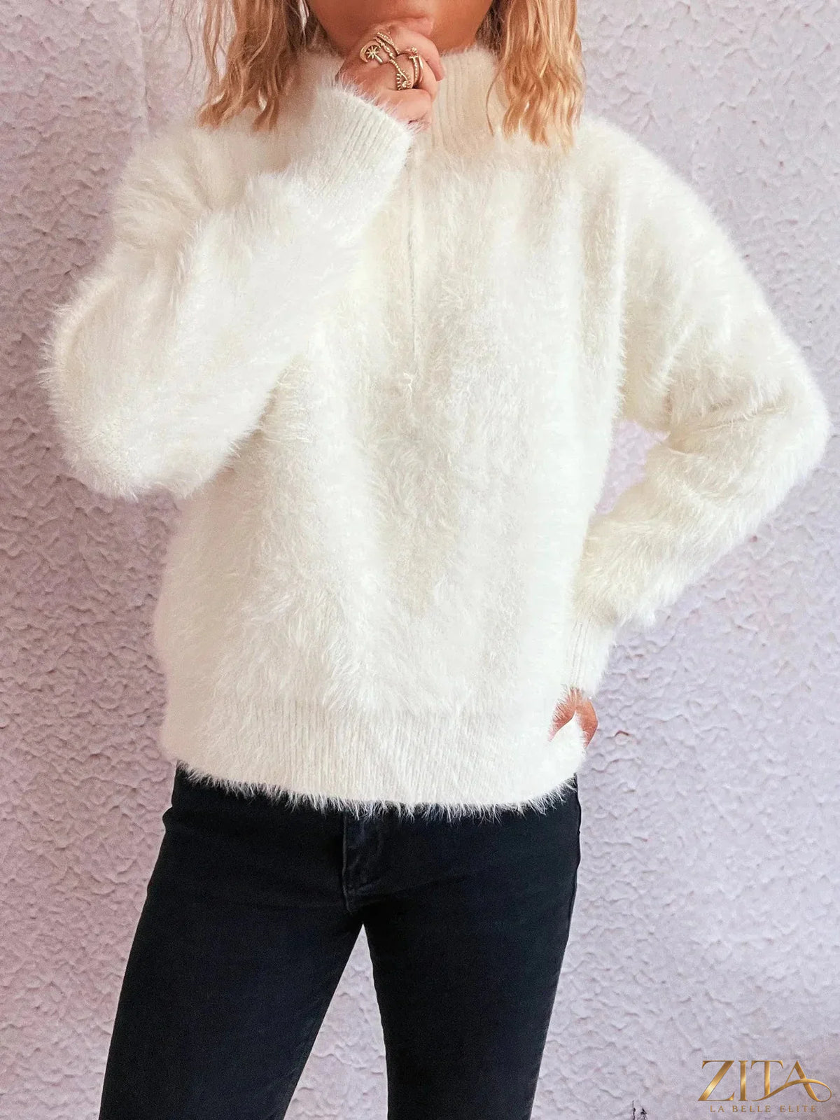 Zita La Belle Elite Cozy Fuzzy Half-Zip Sweater in soft pastel color, featuring a high collar and plush texture.