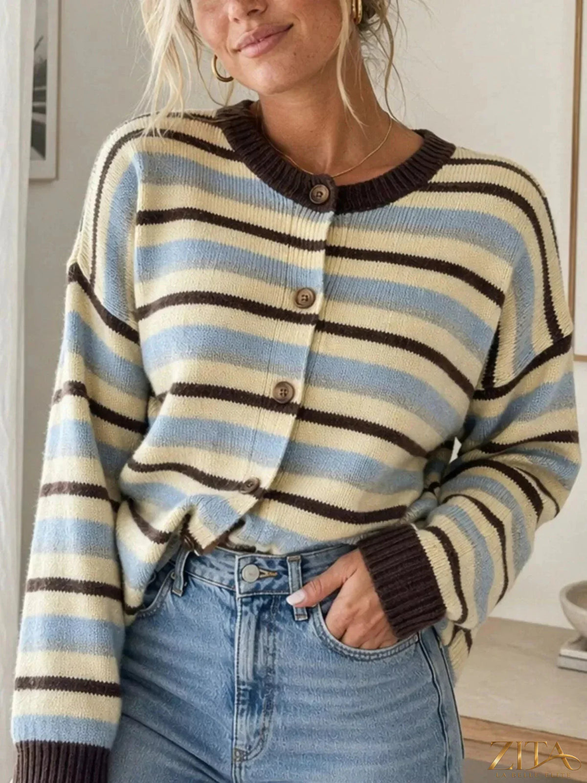 Zita La Belle Elite striped crew neck button-down cardigan with multicolored horizontal stripes and a classic fit.