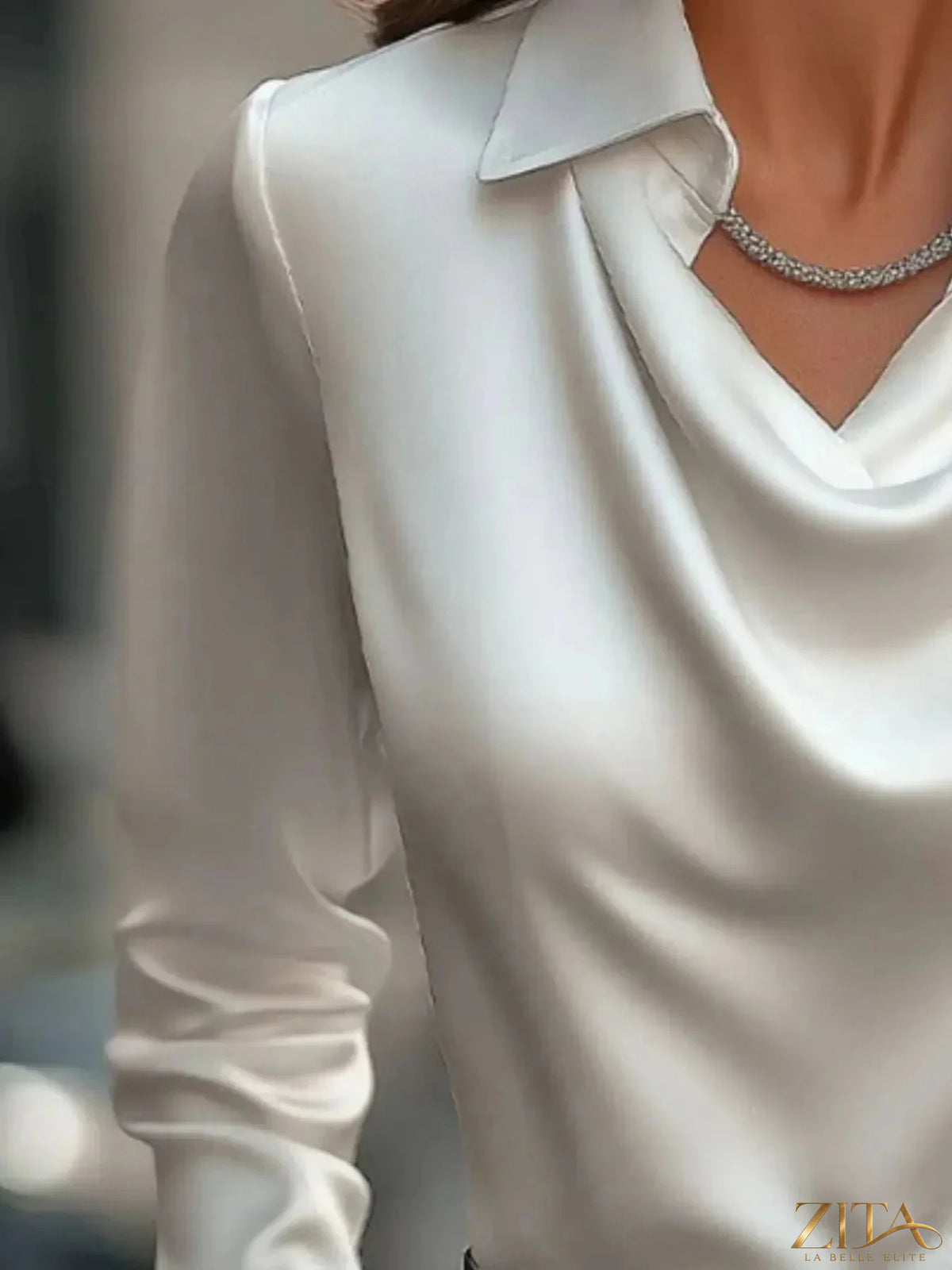 Zita La Belle Elite satin collar long sleeve blouse featuring a sleek design and elegant fabric for a sophisticated look.