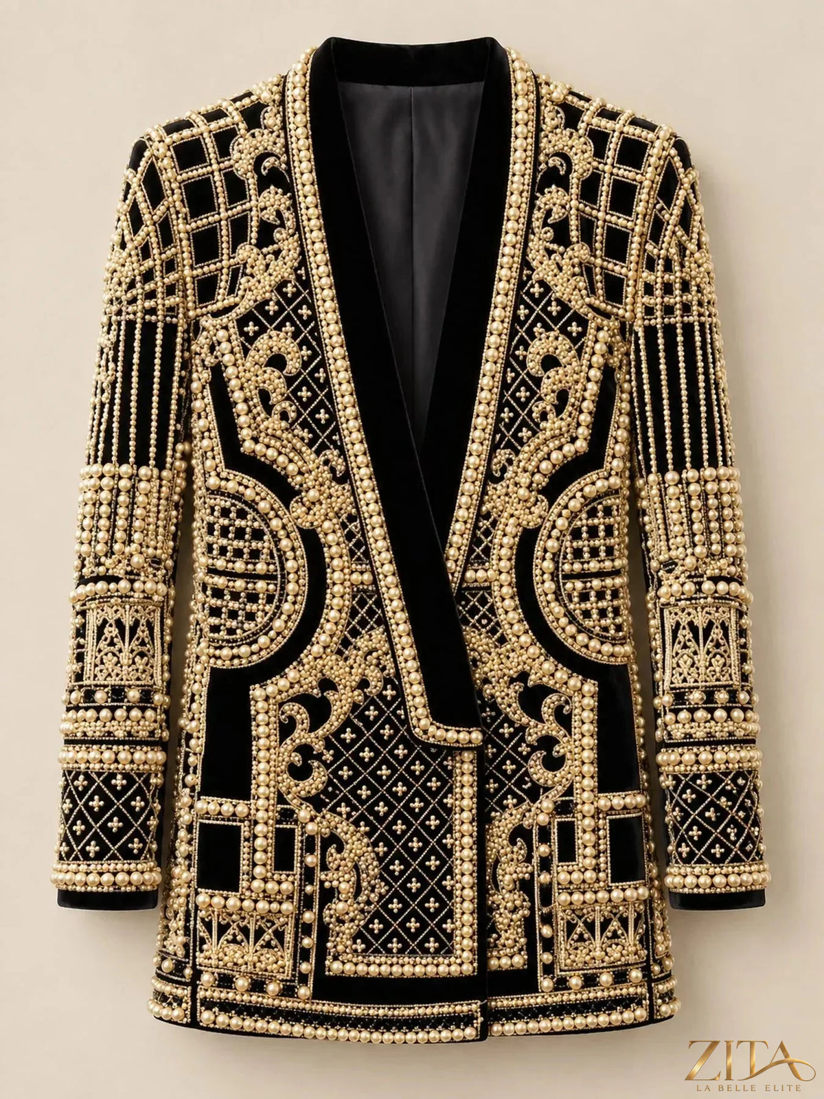Plus size Zita La Belle Elite full size embellished pearl blazer with one button, stylish and sophisticated for formal wear.