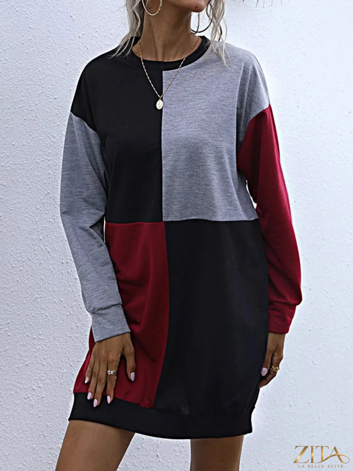 Color block casual long sleeve mini dress by Zita La Belle Elite, featuring vibrant color blocking and a comfortable fit.
