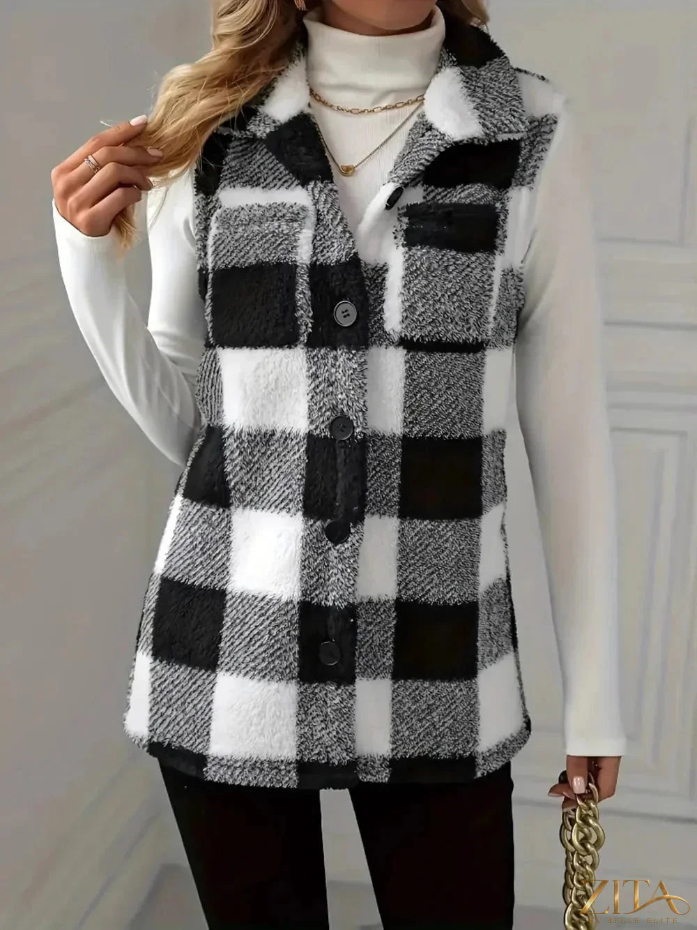 Zita La Belle Elite plaid button-up vest coat with a classic checkered pattern, stylish and warm layered outerwear.