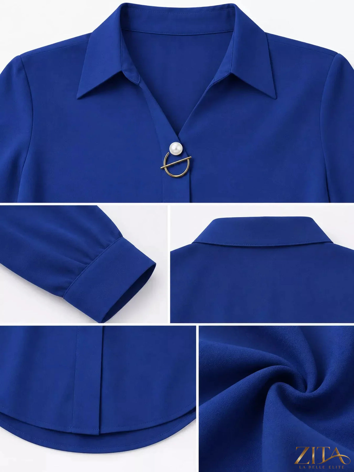 Zita La Belle Elite long sleeve satin blouse in elegant fabric, featuring a classic collar and button-front design.