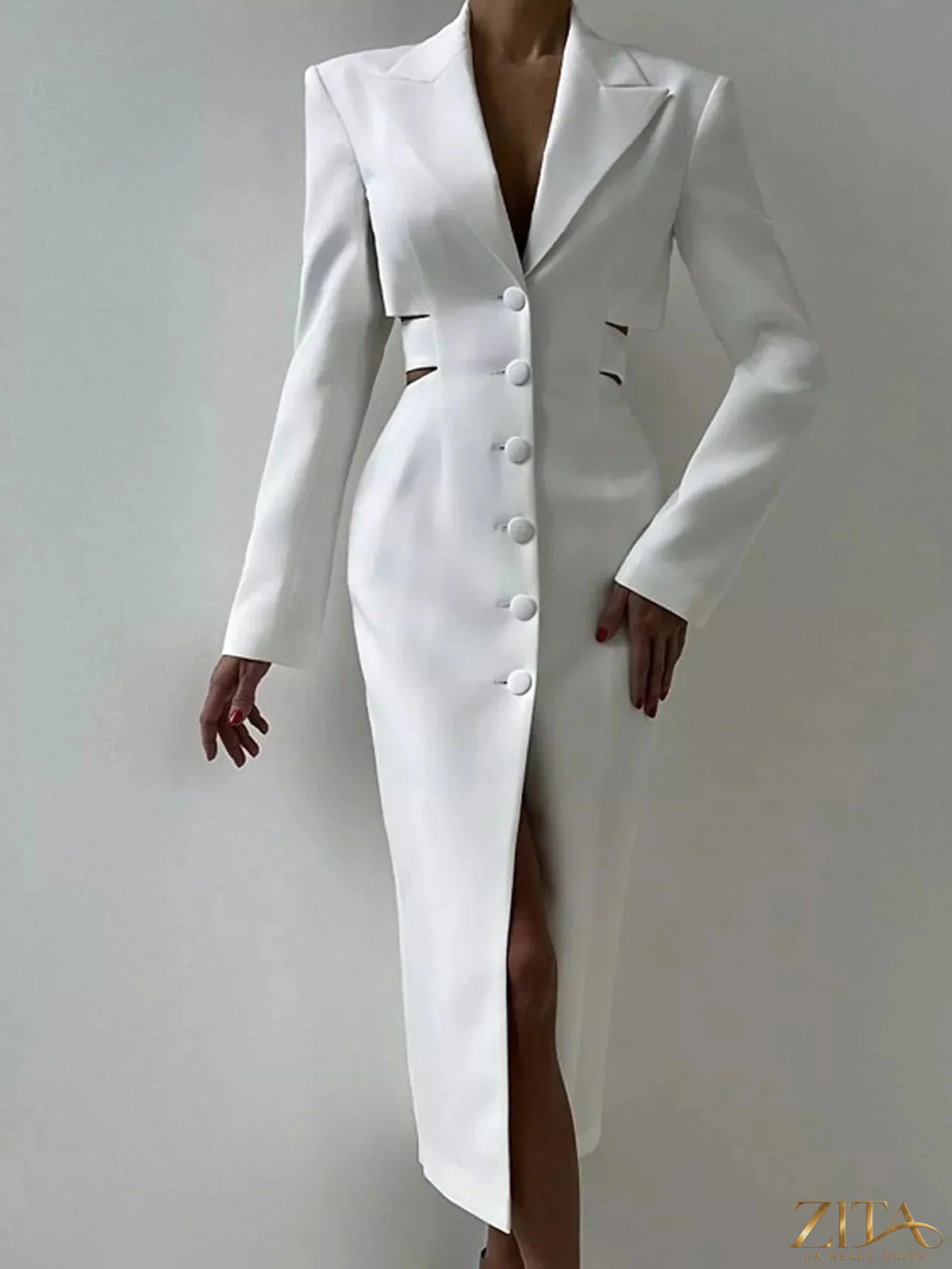 Zita La Belle Elite button-down blazer dress with a stylish cut-out waist, tailored fit, and classic lapel collar.