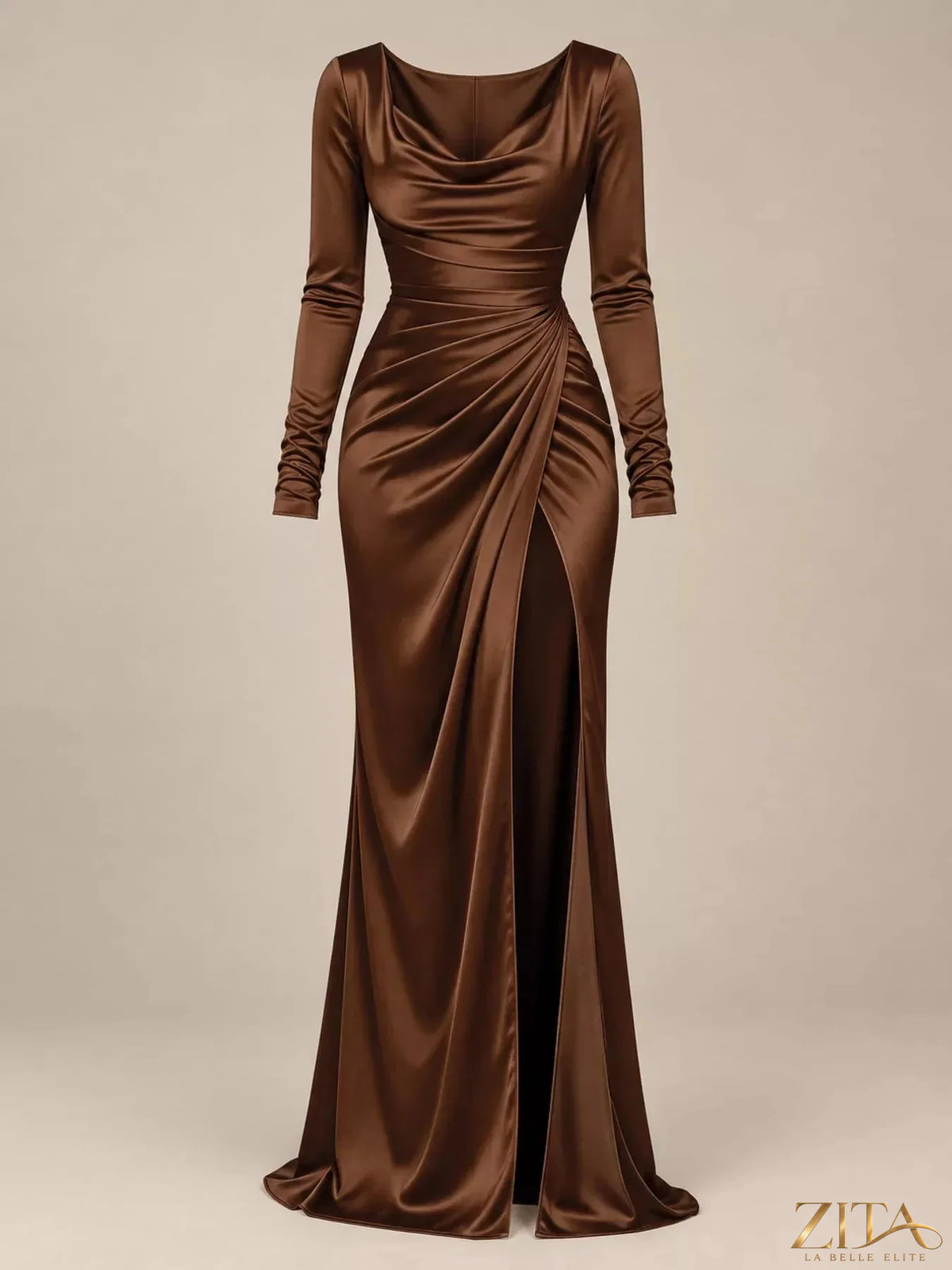 Zita La Belle Elite full size satin evening maxi dress with cowl neck and high slit, plus size, elegant and flowing.
