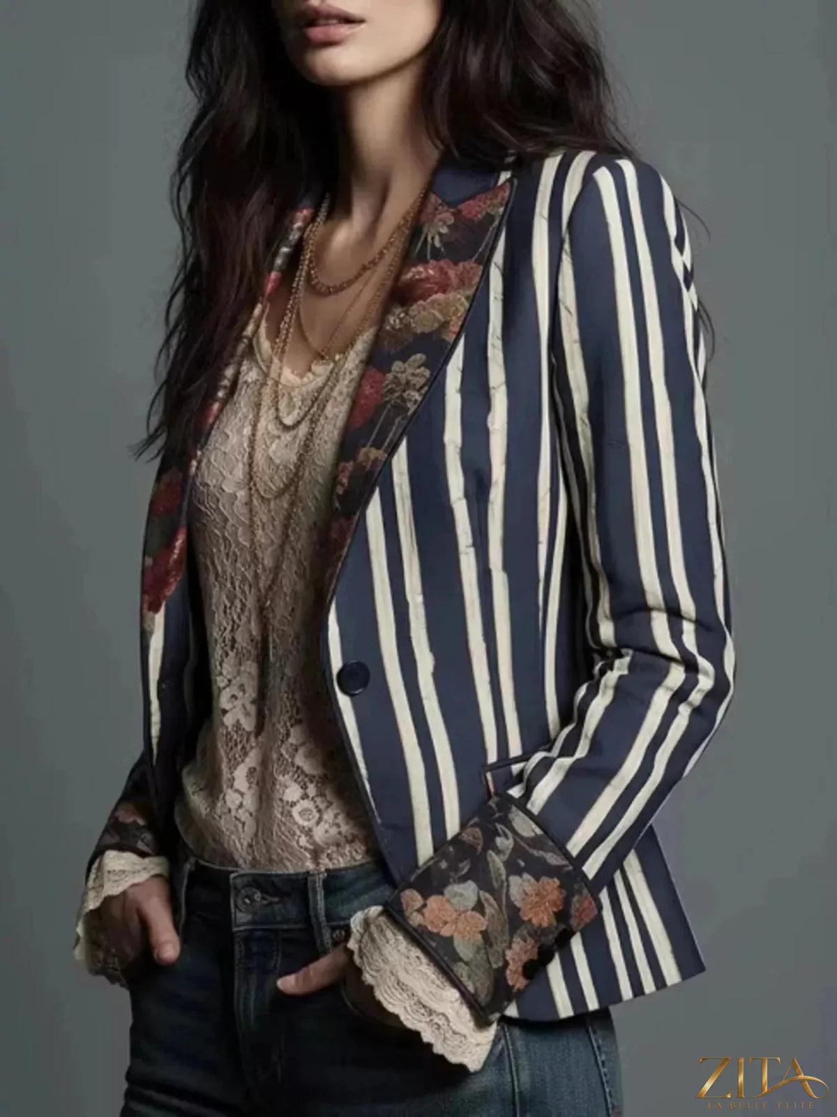 Zita La Belle Elite striped floral contrast slim fit blazer with tailored fit and vibrant floral and stripe pattern.