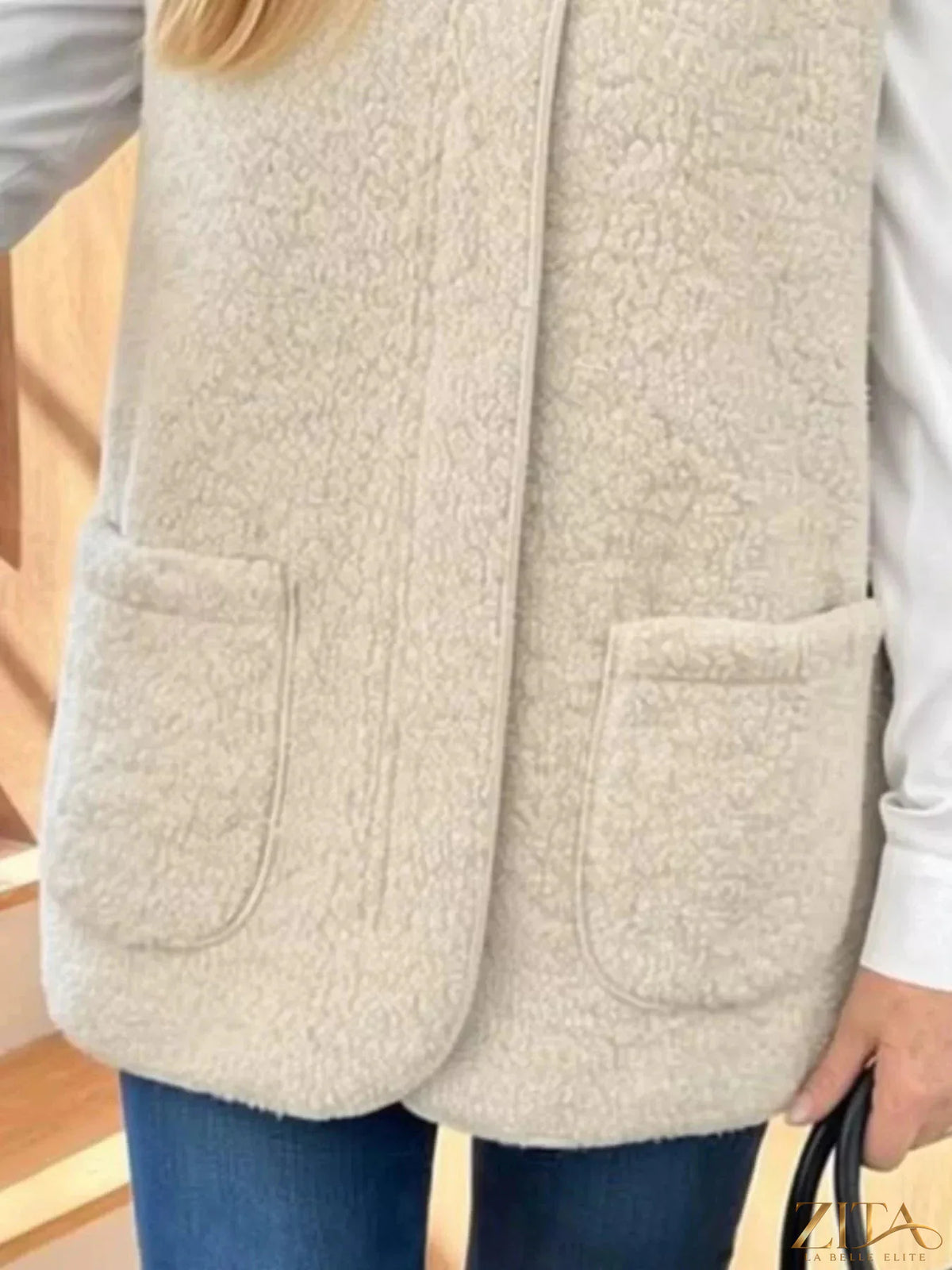 Zita La Belle Elite Sherpa sleeveless vest coat with plush, soft fleece fabric and a cozy, stylish design for cold weather.