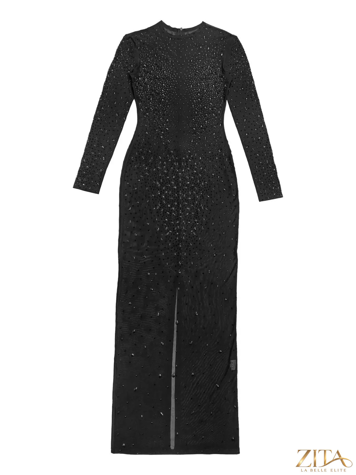 Zita La Belle Elite sheer mesh long sleeve evening dress with rhinestone embellishments and elegant design.