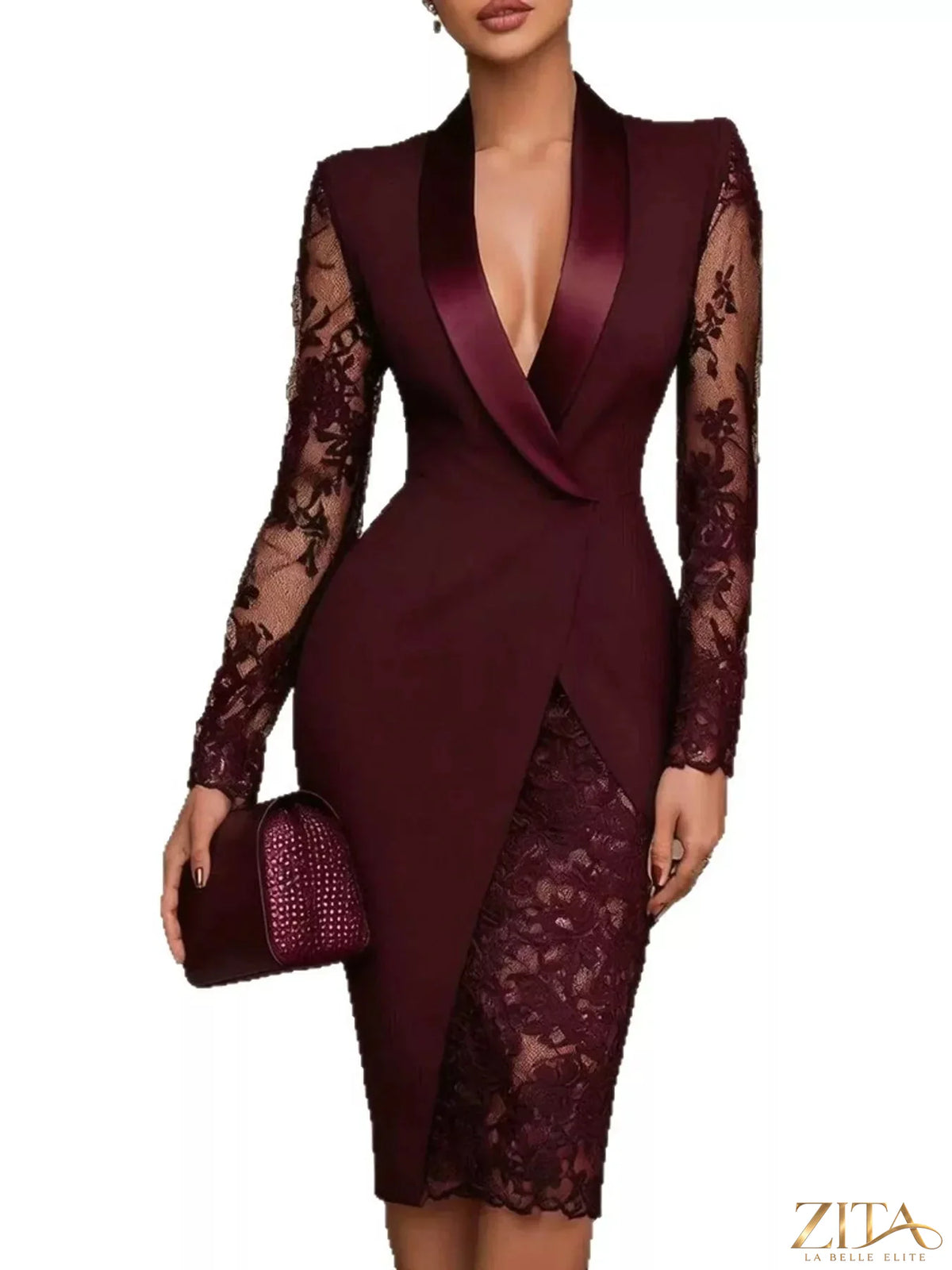 Zita La Belle Elite lace-sleeve blazer dress showing a fitted black blazer with delicate lace sleeves and tailored design.