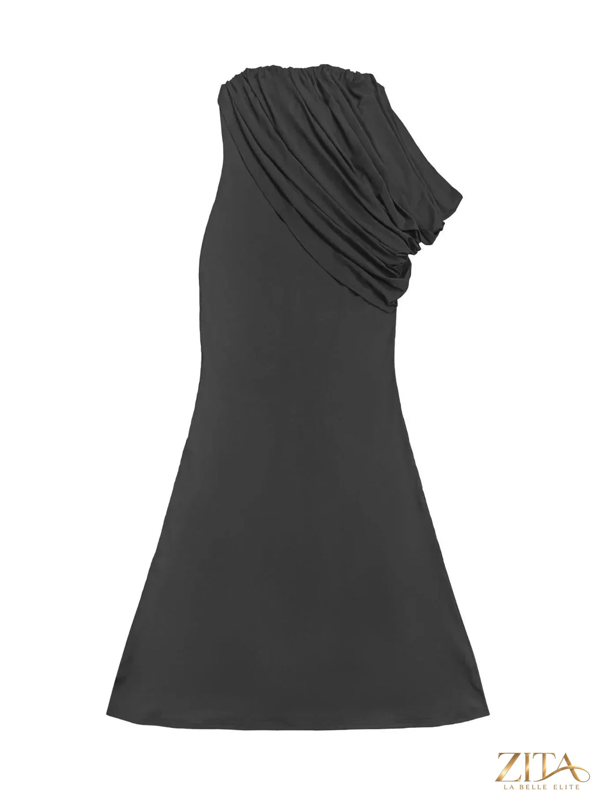 Strapless draped maxi dress from Trendsi featuring flowing fabric and a floor-length silhouette, perfect for elegant occasions.