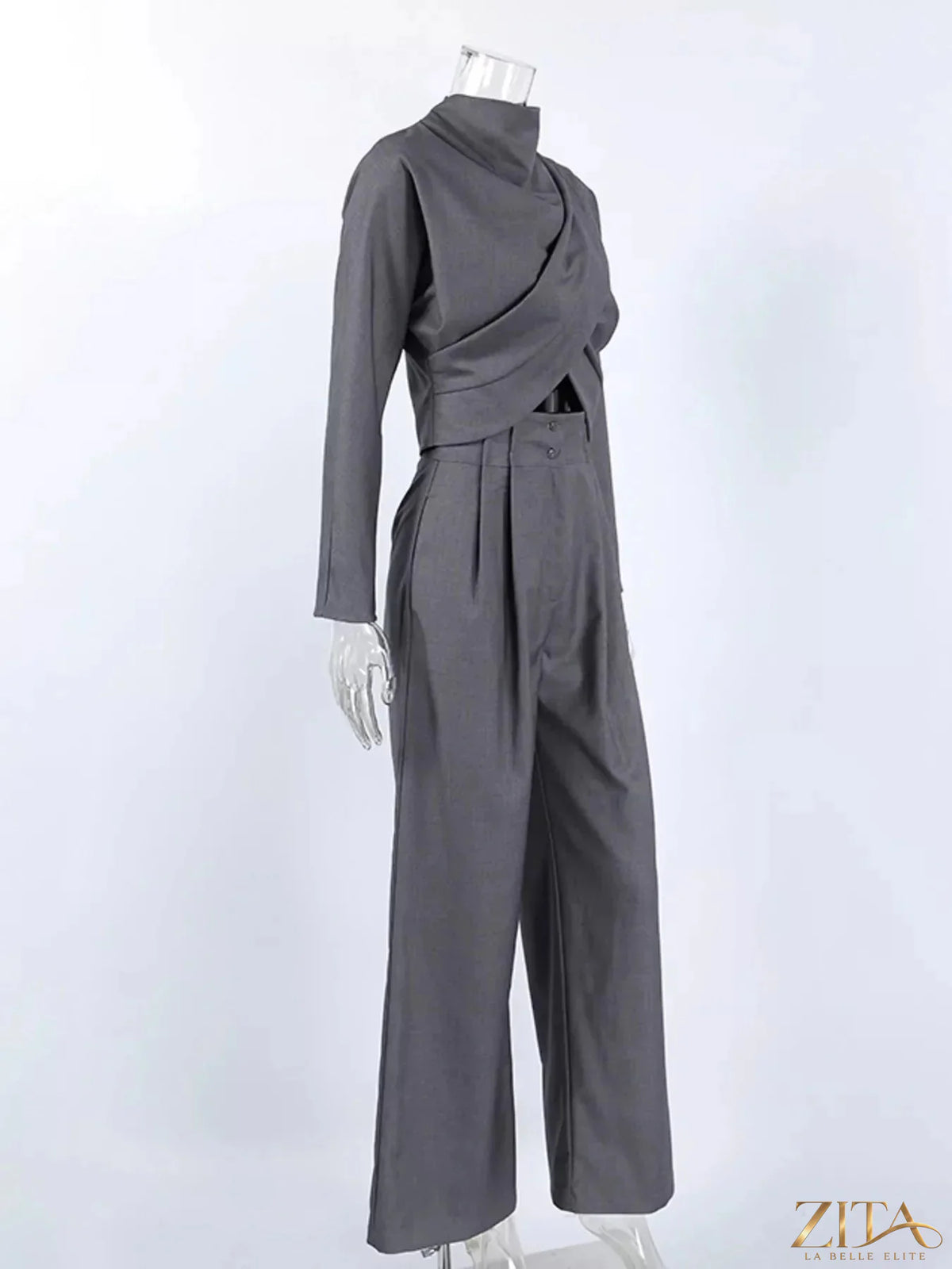 Zita La Belle Elite draped crop top and wide-leg pants set, featuring a stylish coordinated outfit with flowing fabric and modern design.