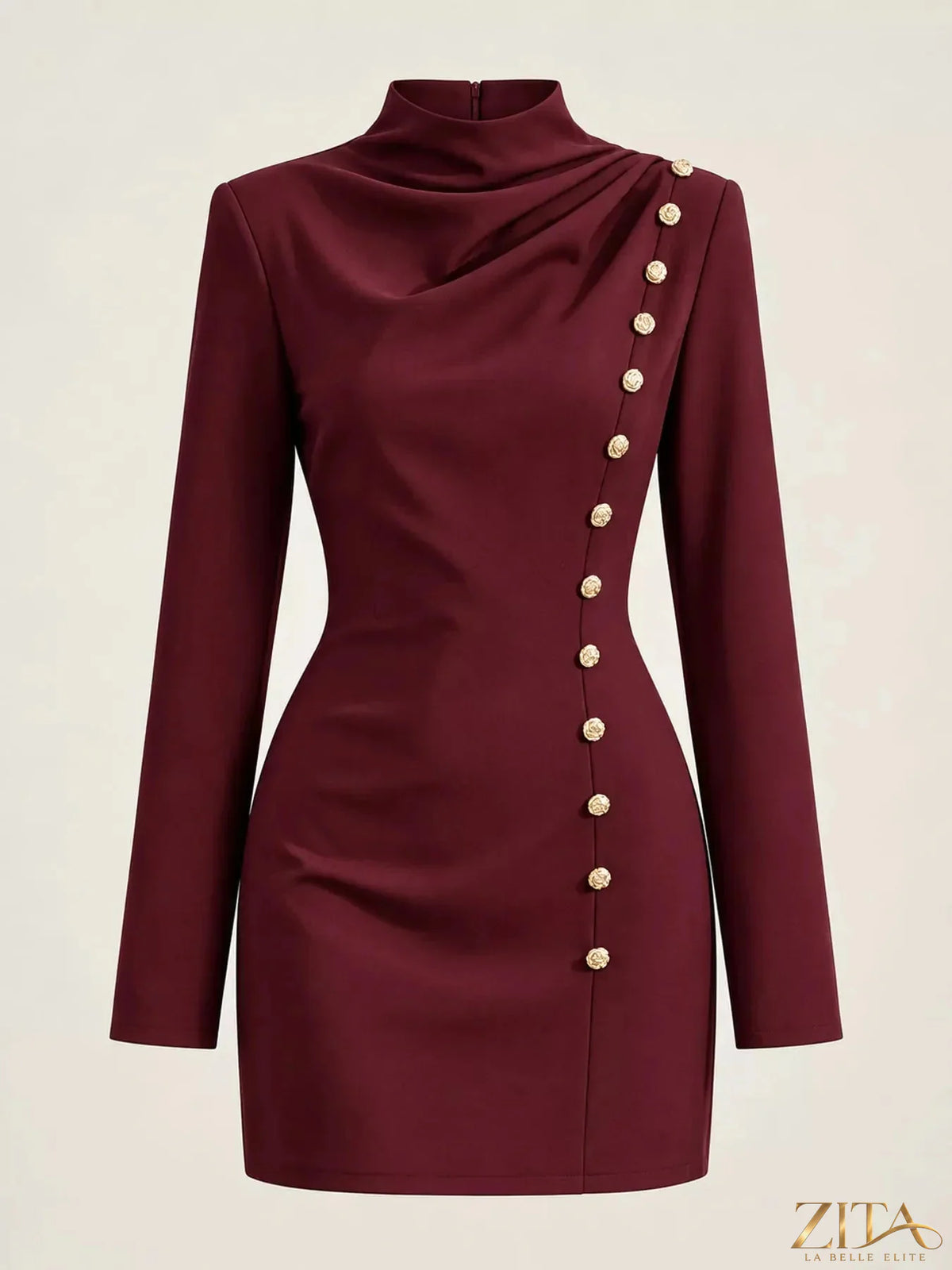 Plus size Zita La Belle Elite full size decorative button mock neck mini dress, showcasing a stylish and comfortable design.