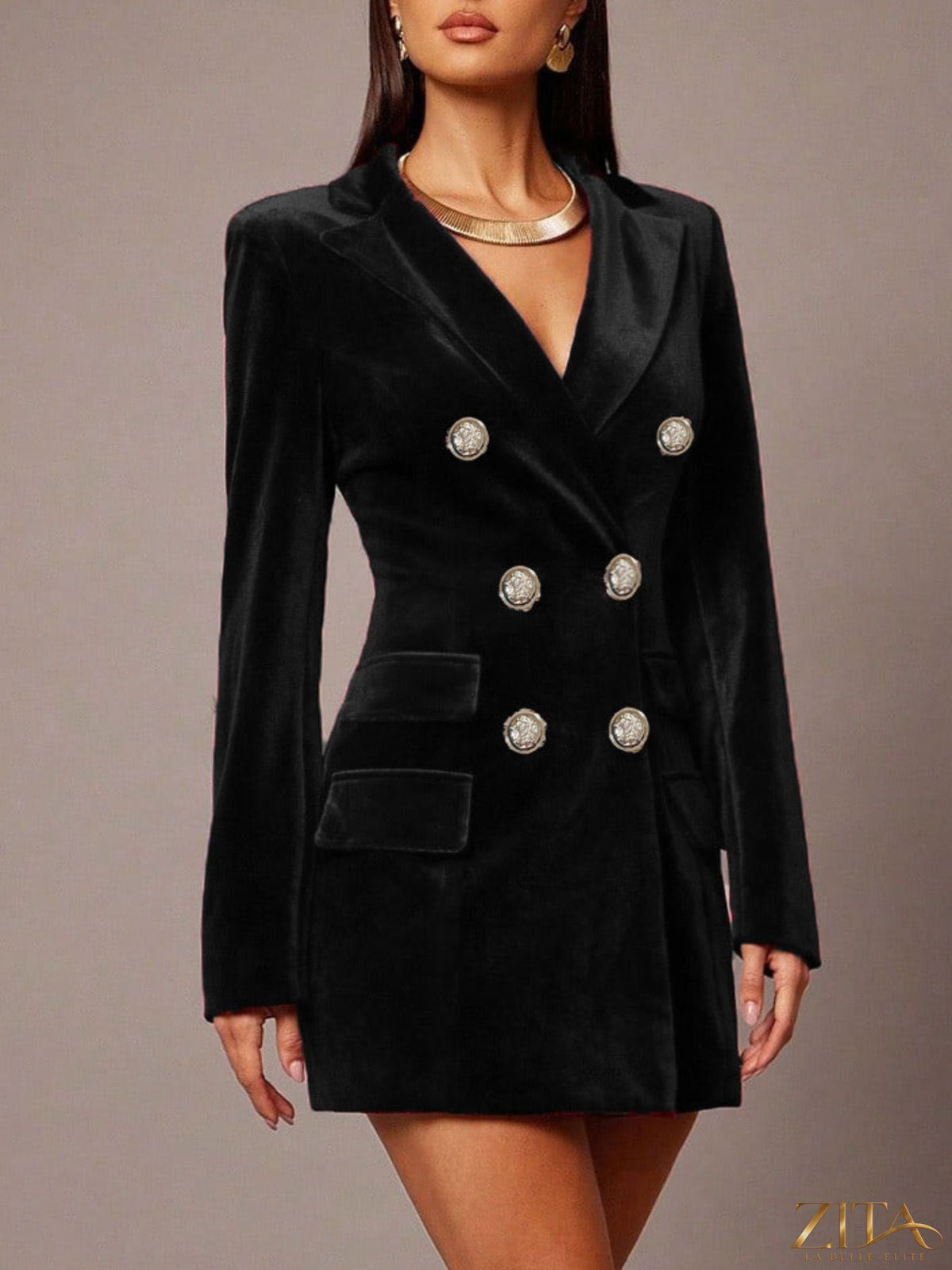 Velvet double-breasted blazer dress by Zita La Belle Elite, featuring a fitted silhouette and stylish lapel collar.