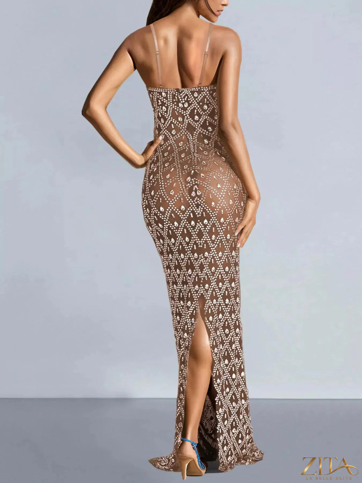 Glamorous Zita La Belle Elite rhinestone embellished sheer mesh maxi dress featuring intricate detailing and flowing silhouette.