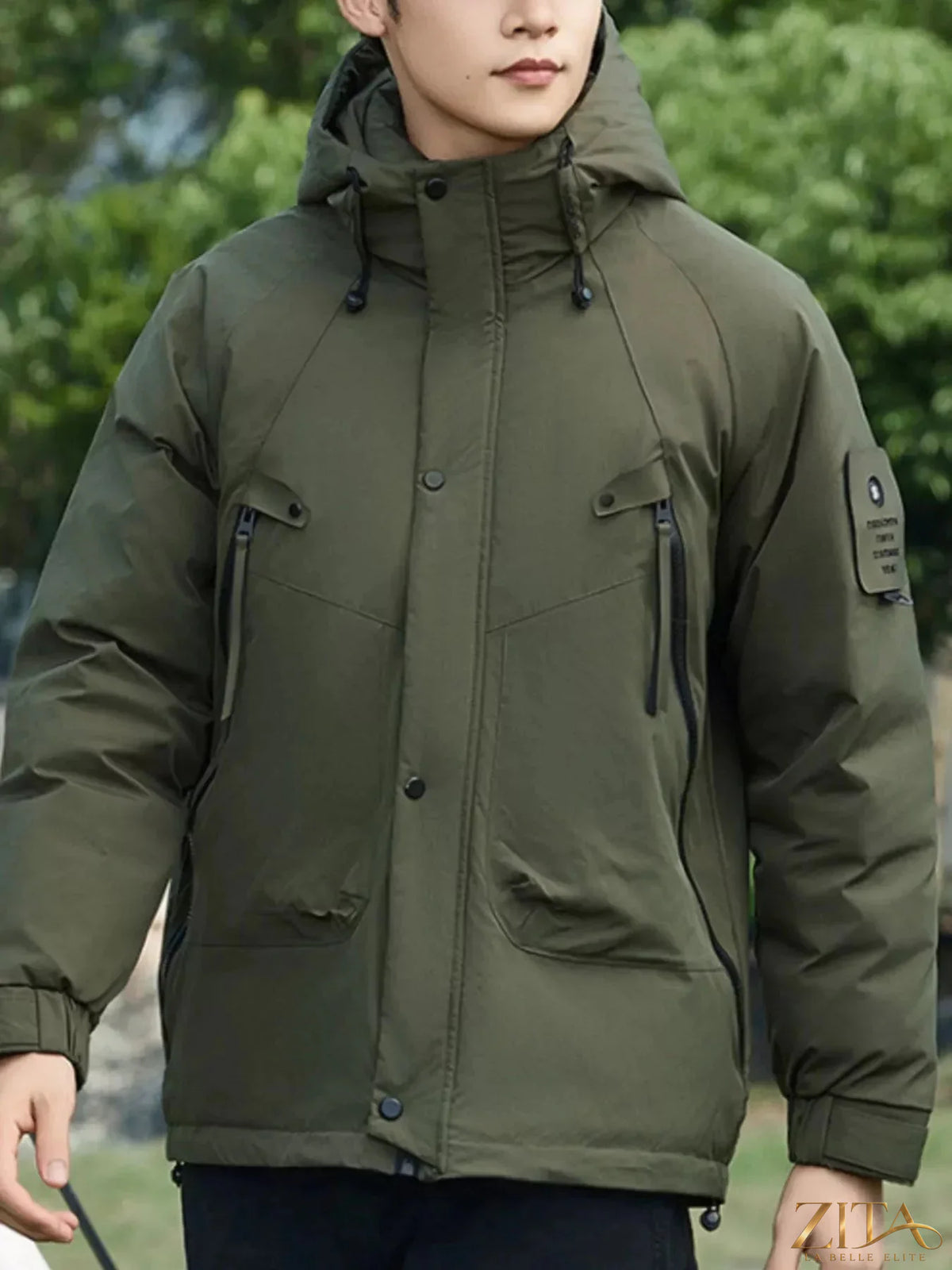 Men's plus size hooded snap down jacket by Zita La Belle Elite, showing the front view with a hood and snap buttons.