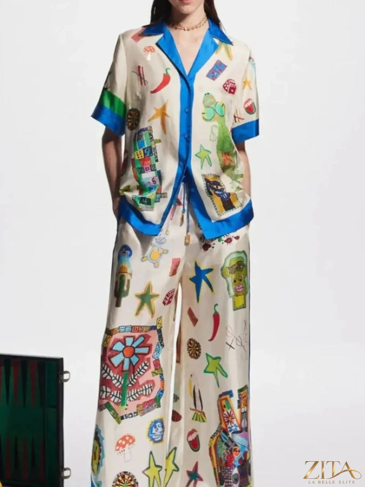 Zita La Belle Elite printed button-up shirt and matching pants set, featuring a stylish design and comfortable fit.