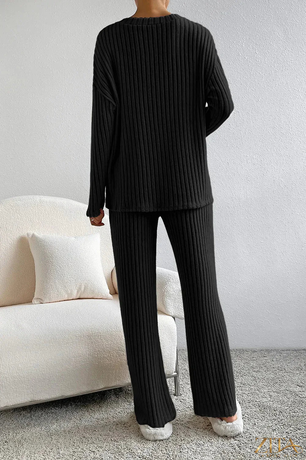Zita La Belle Elite ribbed V-neck top and matching pants lounge set in soft fabric, shown laid out flat.