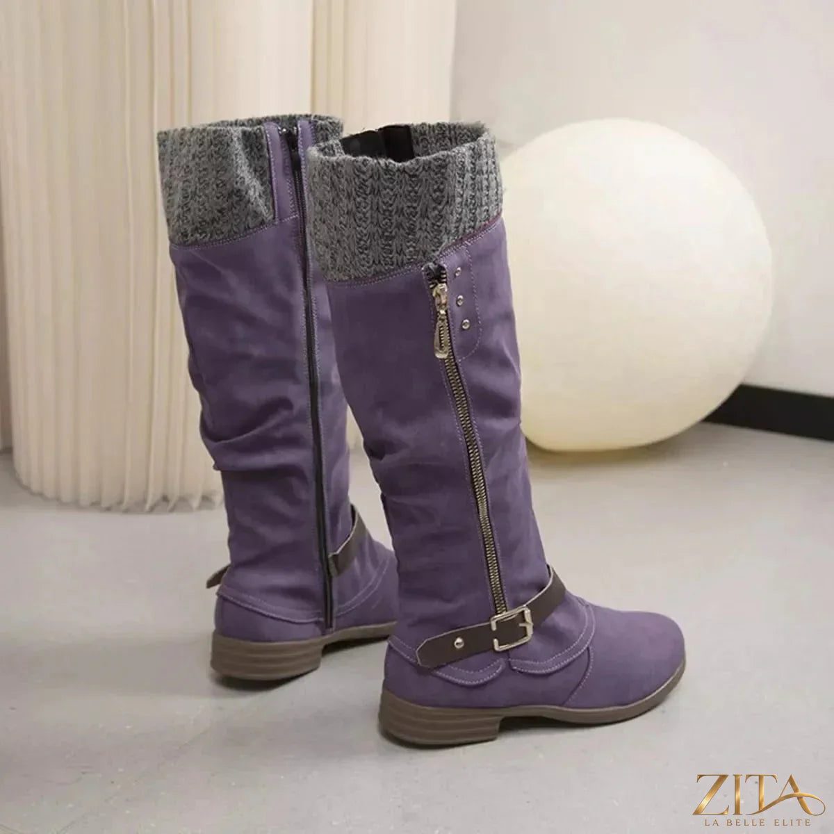 Zita La Belle Elite knee-high slouch boots with knit cuff, showcasing soft suede material and relaxed, slouched style.