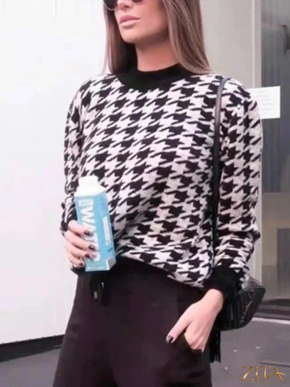 Zita La Belle Elite oversized sweater with black and white houndstooth pattern, cozy knit, and relaxed fit.