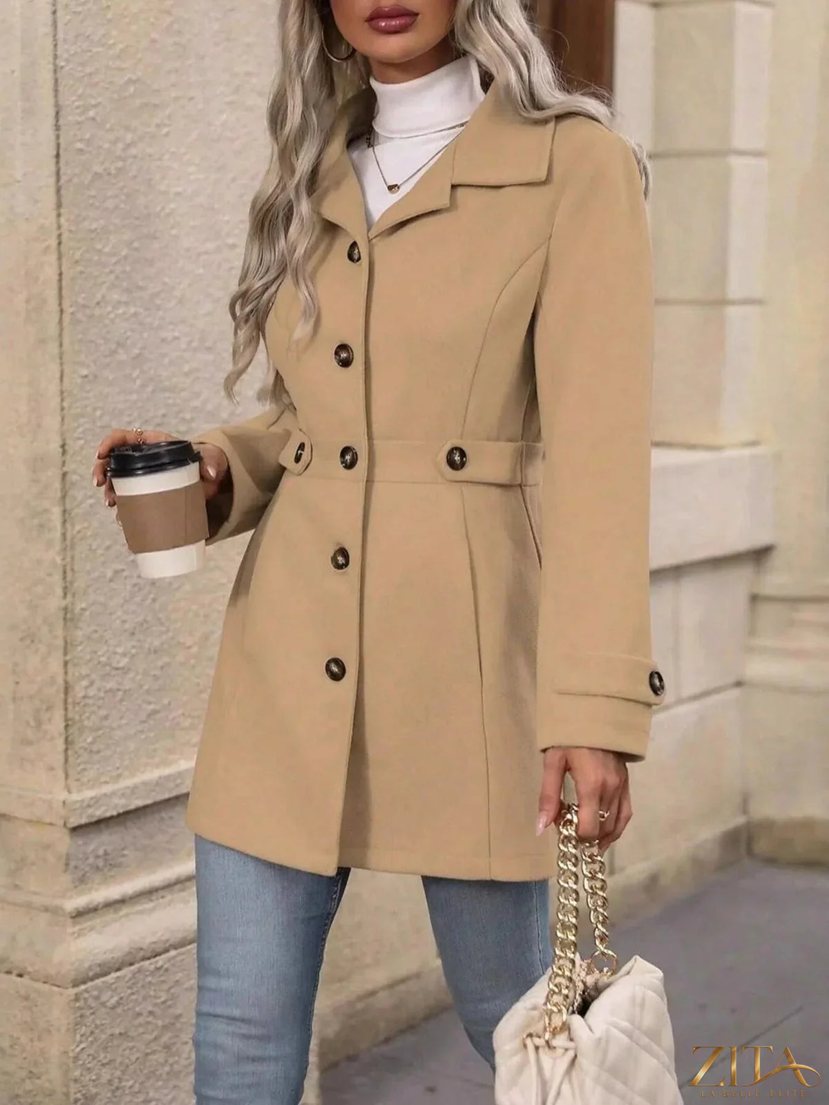 Zita La Belle Elite button-up long sleeve coat with a classic design and tailored fit, shown in a neutral fabric and color.