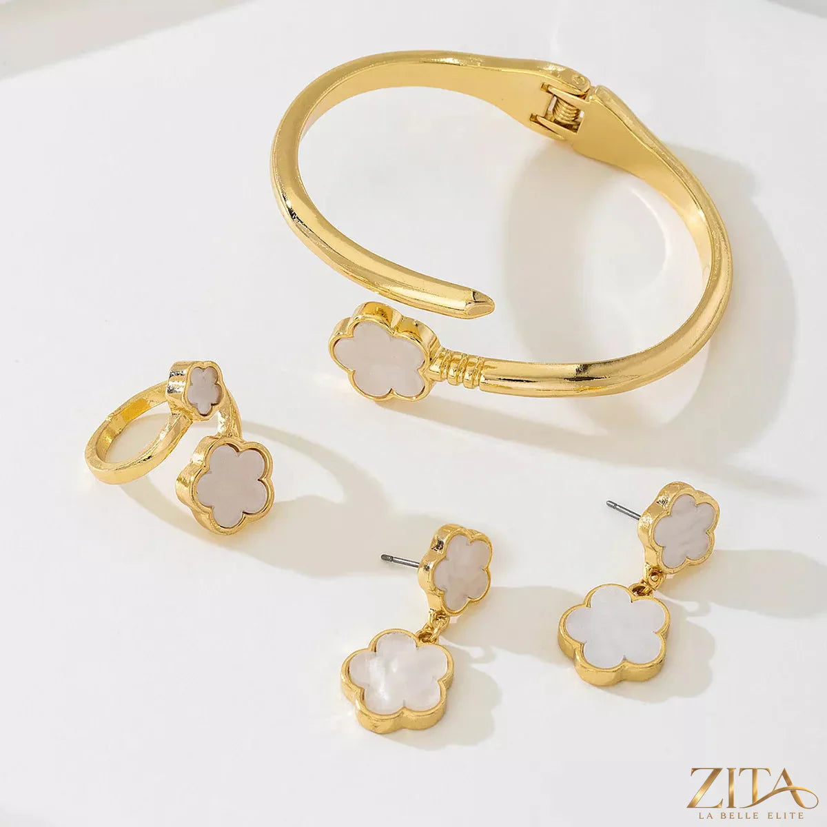 18K gold-plated flower jewelry set by Zita La Belle Elite featuring a necklace and matching earrings with floral design