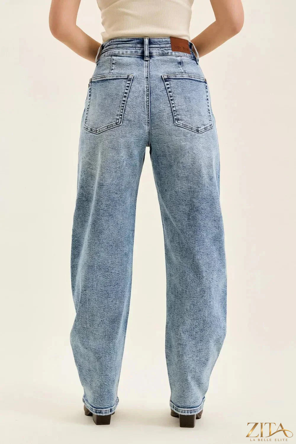 Zita La Belle Elite Judy Blue Marlow Arc Leg jeans with double waistband in dark wash, featuring stylish stitching and relaxed fit.