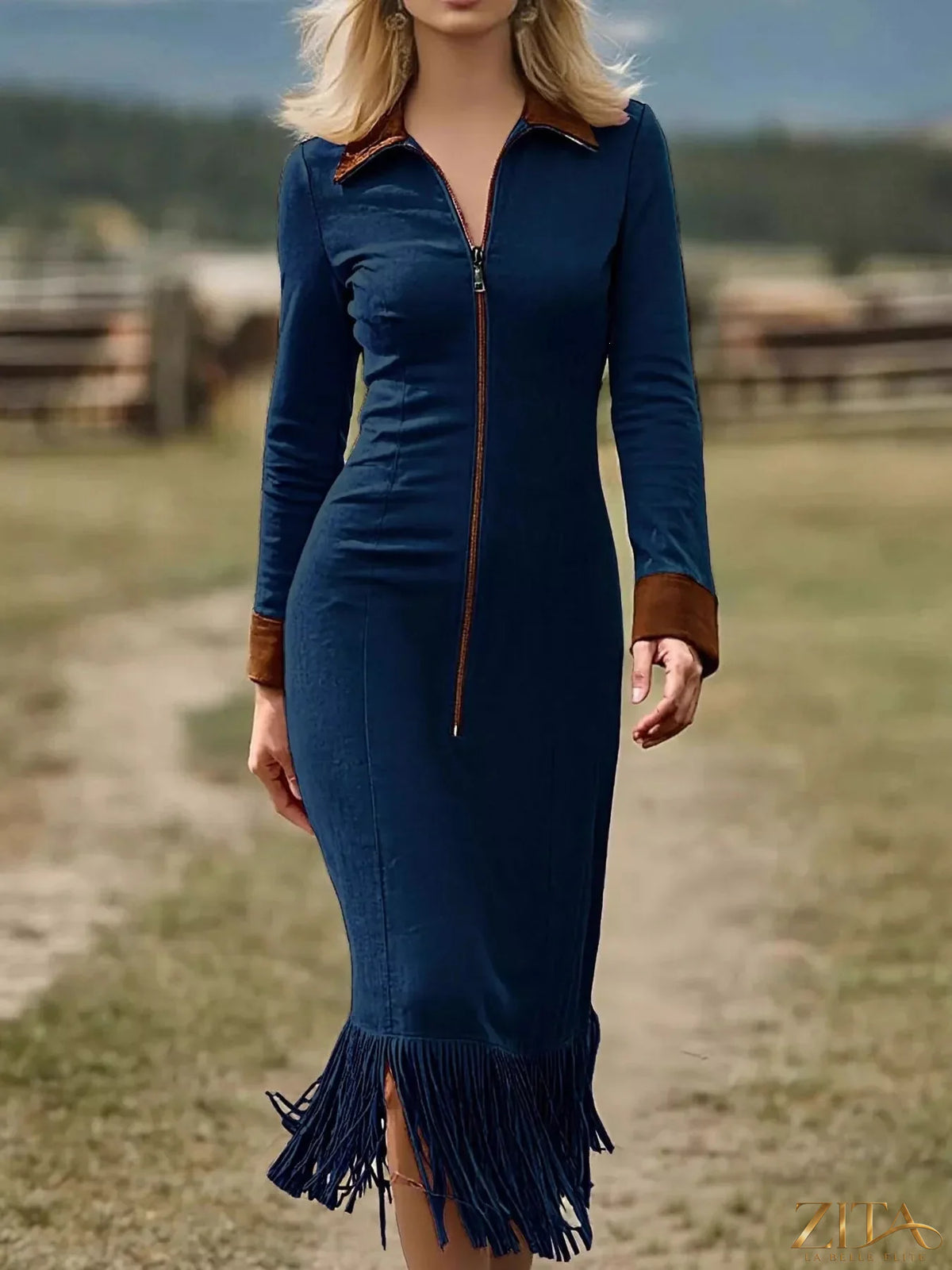 Plus size full-length midi dress with fringe hem and zip front by Trendsi, stylish and comfortable for casual or dressy occasions.