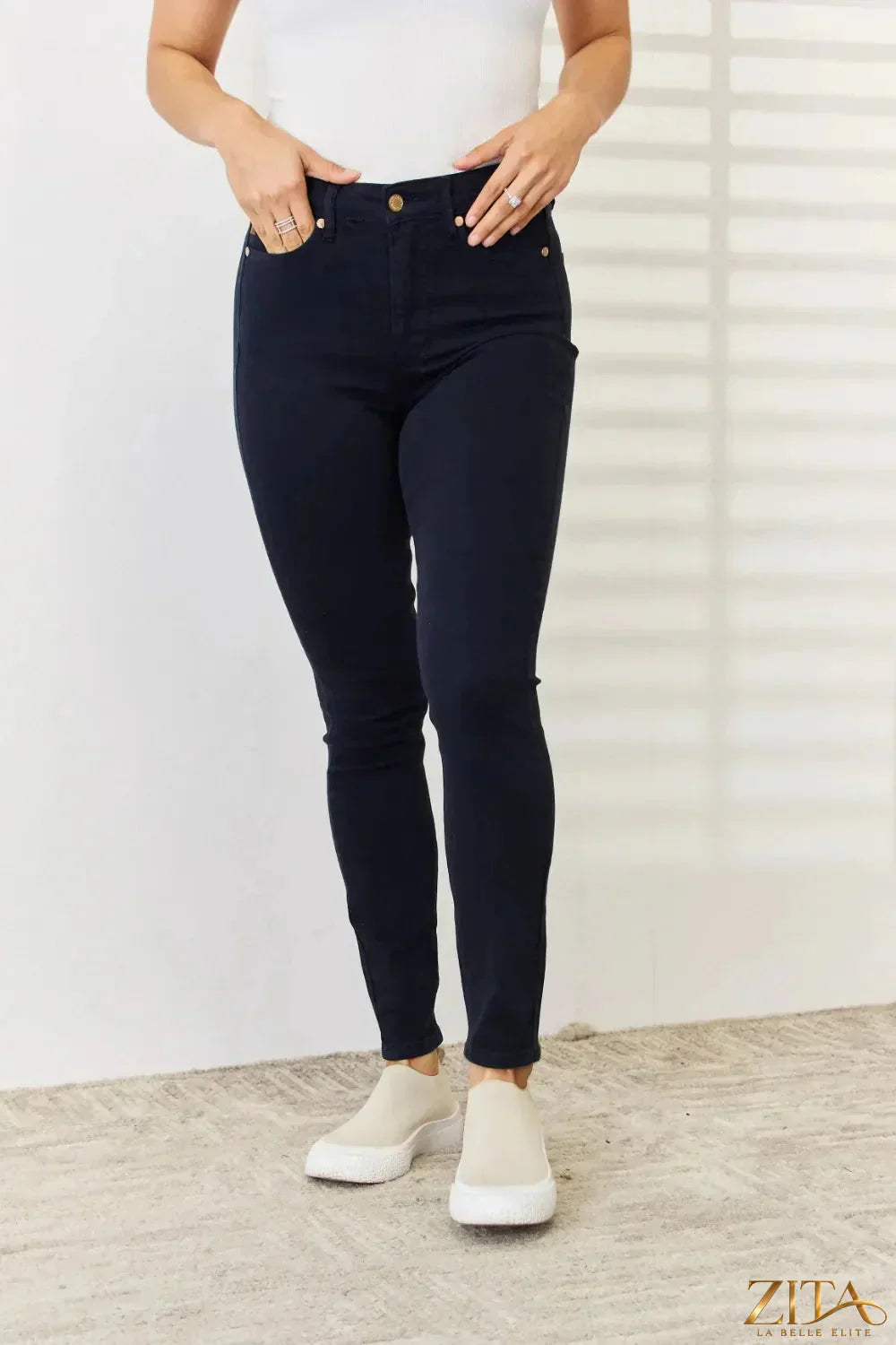 Zita La Belle Elite Judy Blue full-size garment dyed tummy control skinny jeans, showing the fitted denim with high waist and dark wash.