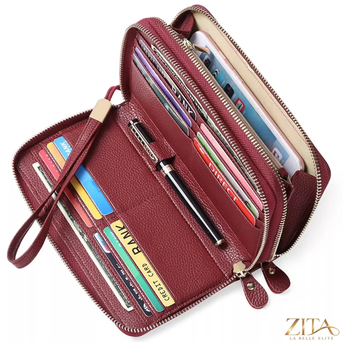 Trendsi double zipper leather wallet with multiple compartments and sleek design, showcasing high-quality black leather.