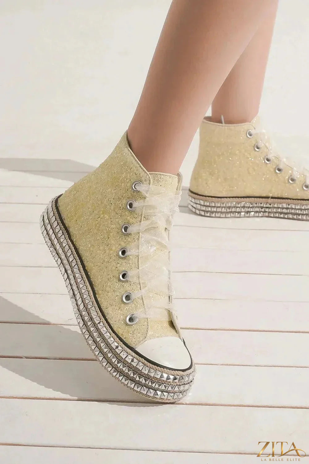 Zita La Belle Elite glitter lace-up studded platform sneakers with thick soles and decorative studs, stylish footwear for casual wear.