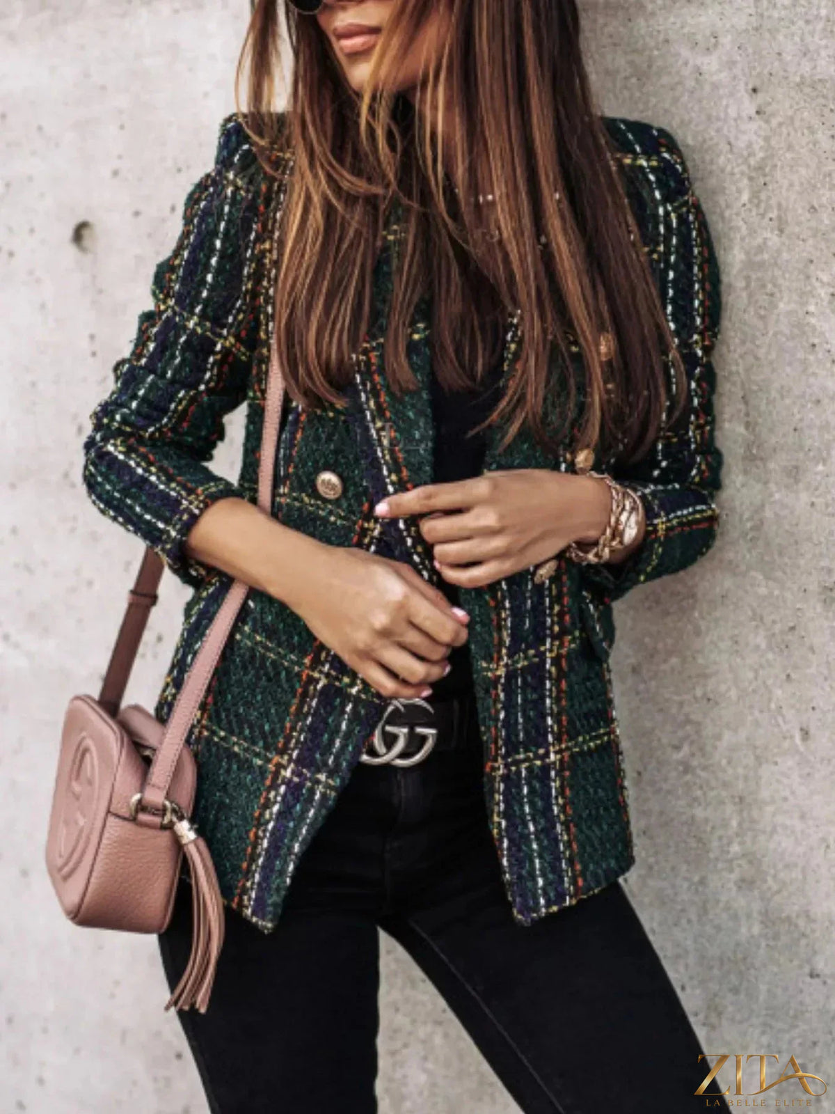 Plus size plaid tweed double-breasted blazer by Zita La Belle Elite, featuring a full-size fit and classic tailored design.