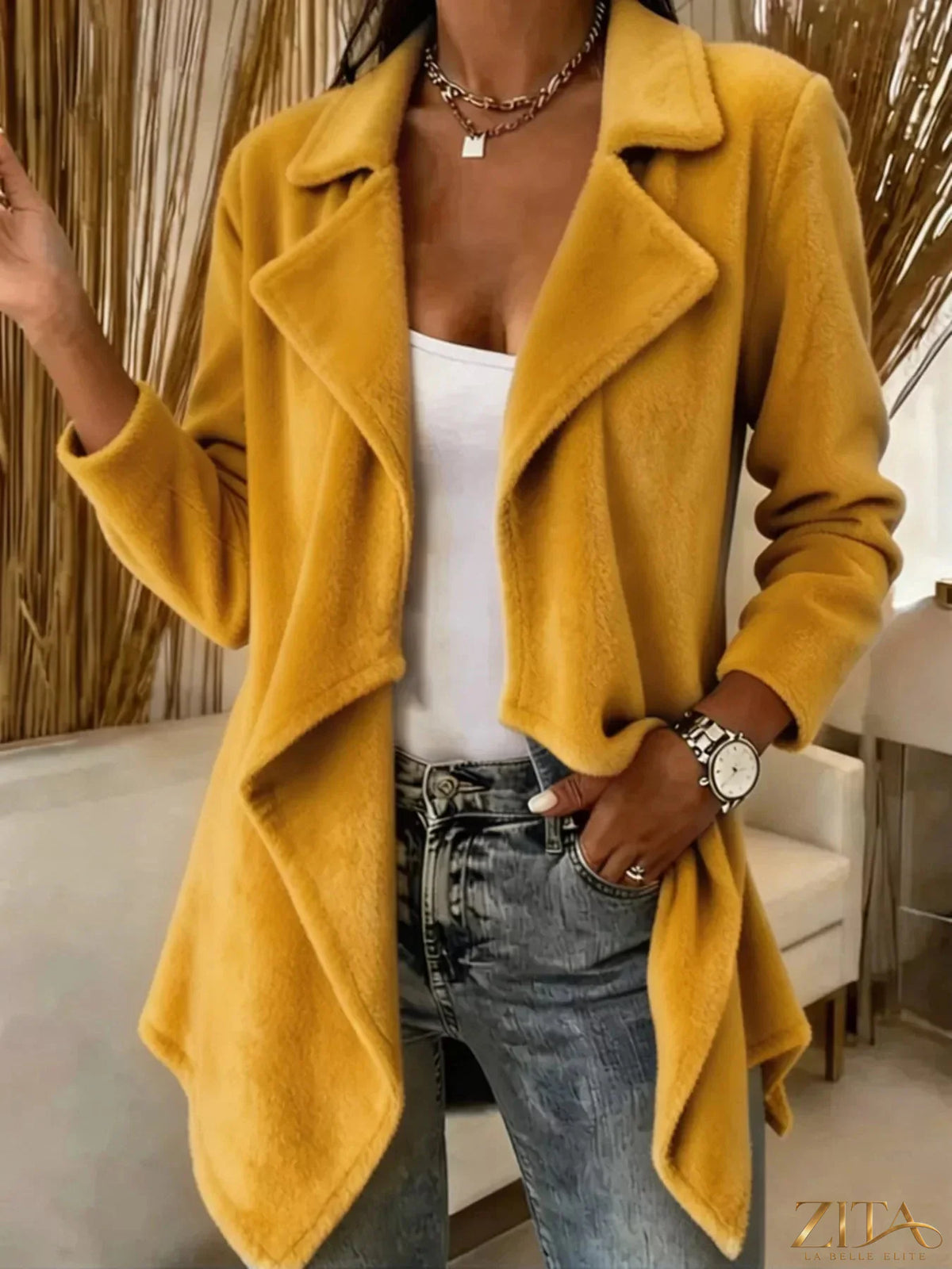 Plus size Zita La Belle Elite fleece outerwear with waterfall collar, full-length design, cozy and stylish for cold weather.