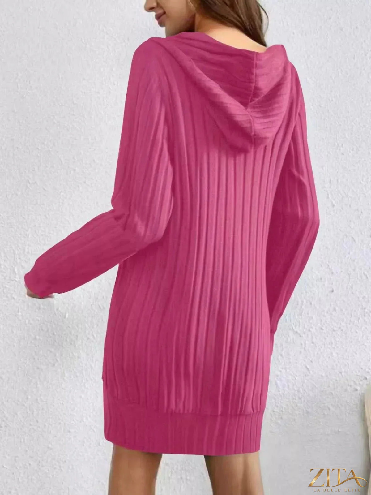 Zita La Belle Elite ribbed knit hoodie dress featuring a cozy, fitted design with a hood and long sleeves.