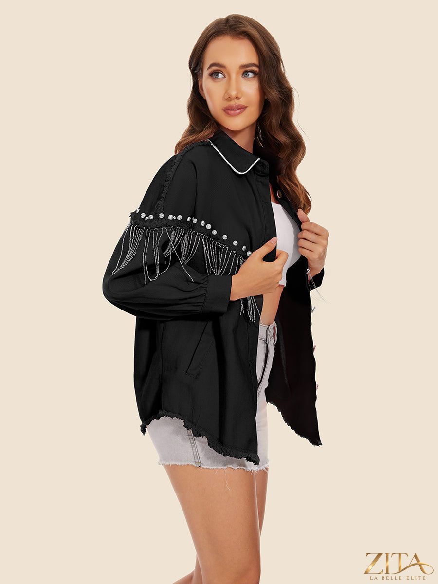 Zita La Belle Elite raw hem denim jacket with fringe details, showcasing classic blue denim with distressed accents and stylish fringe trim.