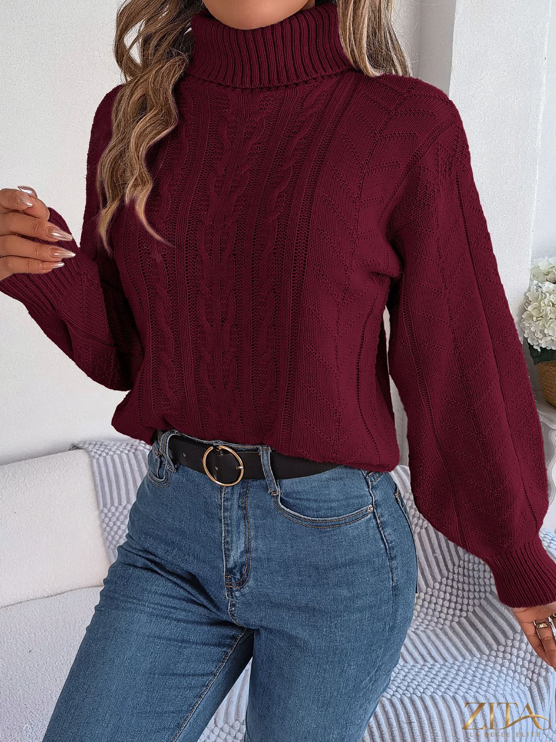 Zita La Belle Elite cable-knit turtleneck sweater in cozy, textured knit with high neckline and long sleeves.