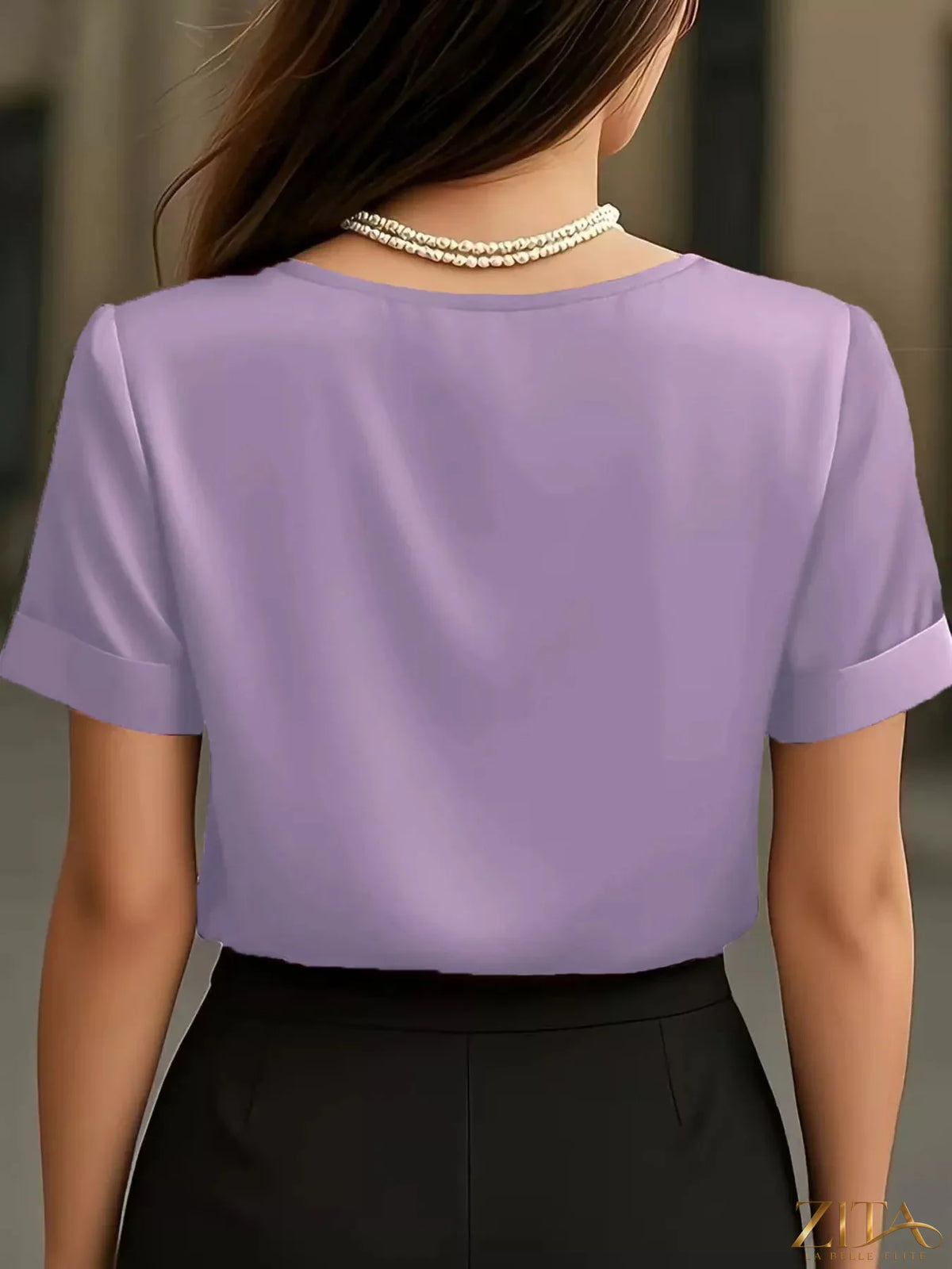 Zita La Belle Elite V-neck short sleeve satin blouse in elegant fabric with a smooth, shiny finish and classic fit.