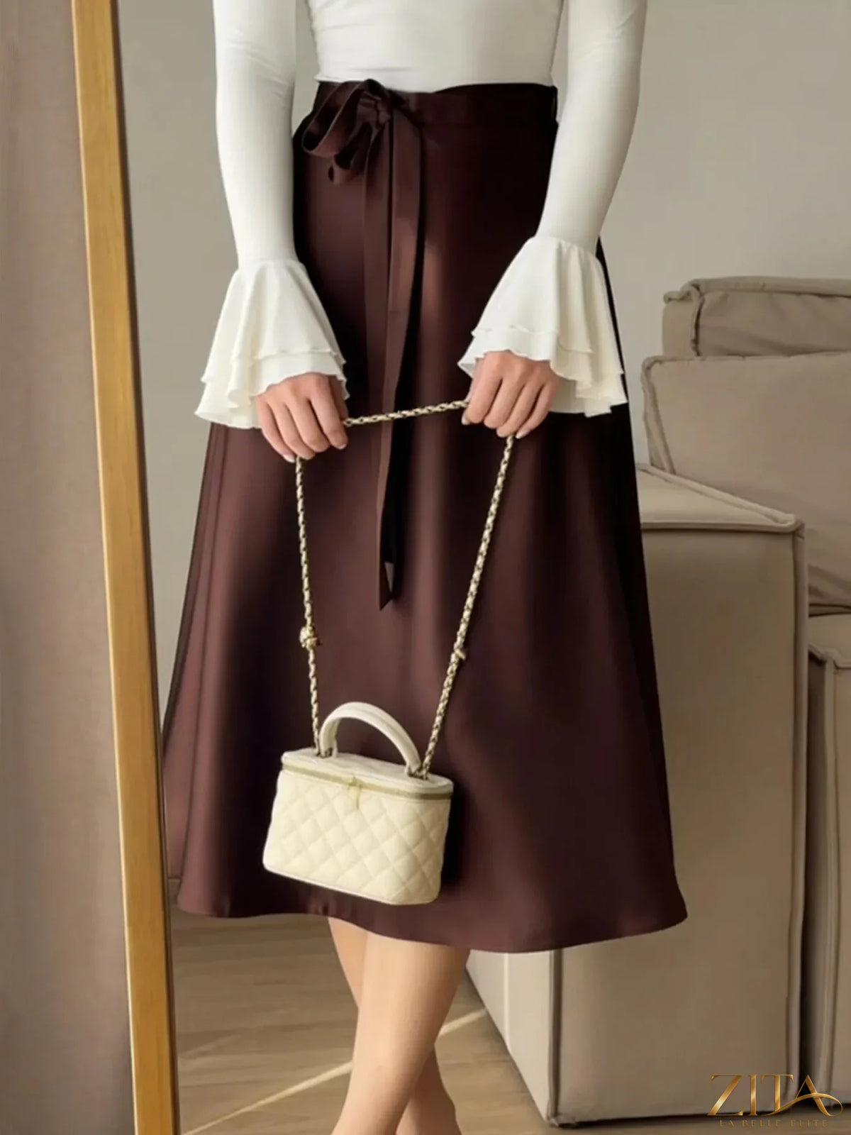Satin A-Line midi skirt in a smooth, shiny fabric with a flattering silhouette, by Trendsi.