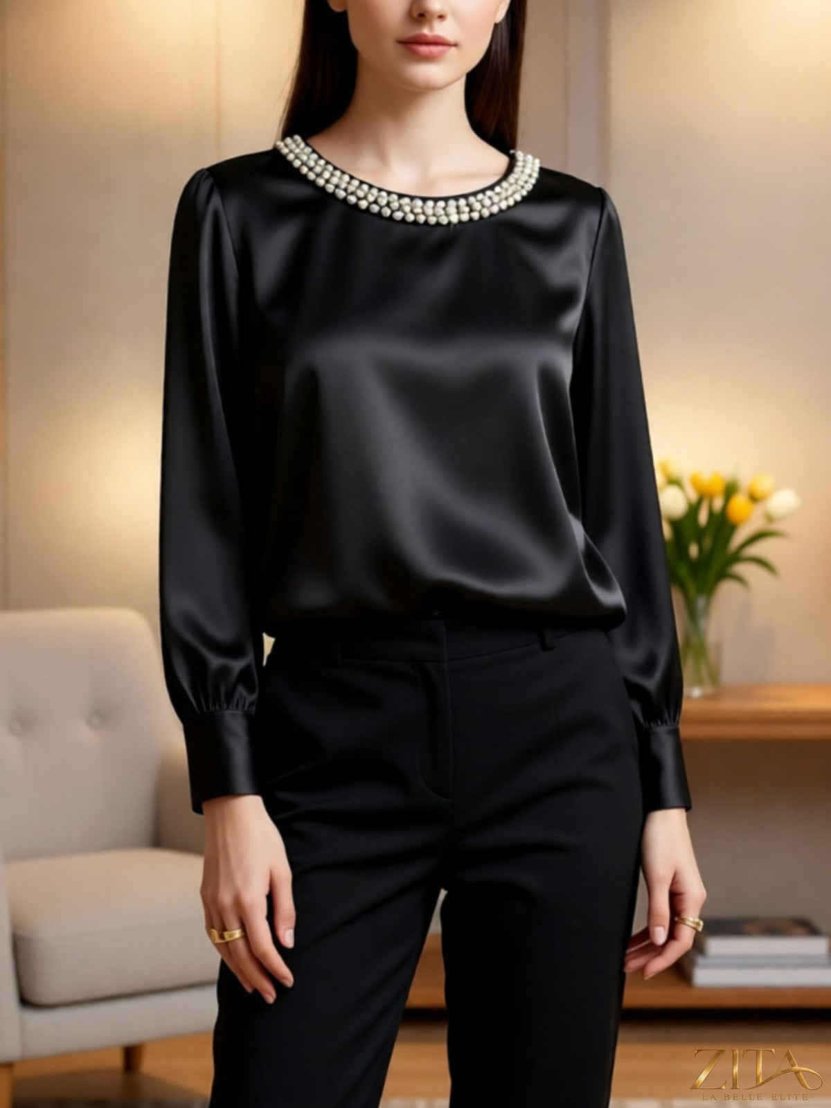Zita La Belle Elite pearl trim round neck silk blouse featuring elegant design and smooth fabric, close-up view of the blouse's neckline.