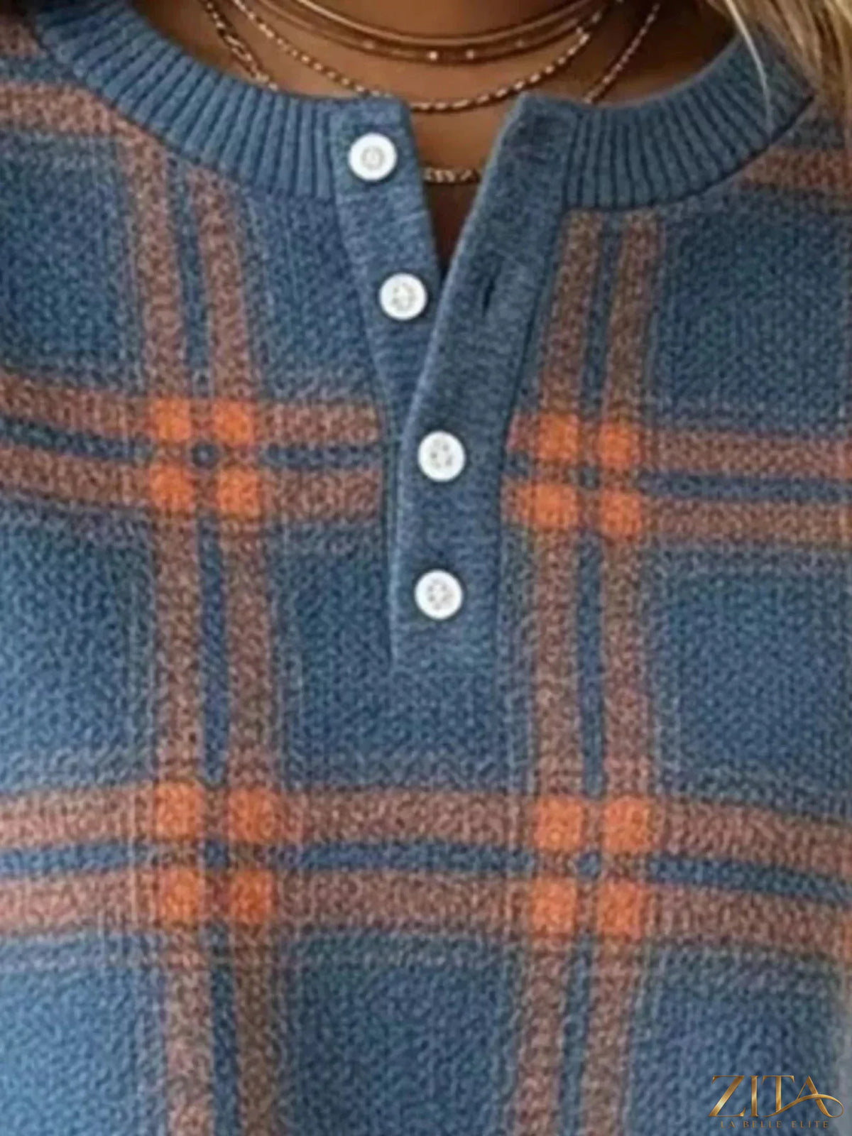 Plus size Zita La Belle Elite plaid long sleeve sweatshirt with button details, featuring a cozy, full-size fit and casual style.