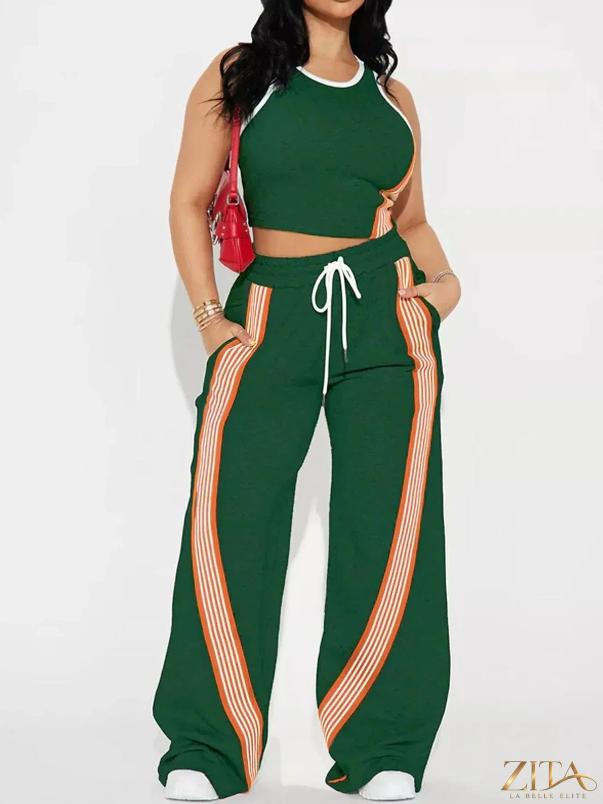 Zita La Belle Elite striped detail top and drawstring pants set, featuring a stylish coordinated outfit with bold stripe accents.