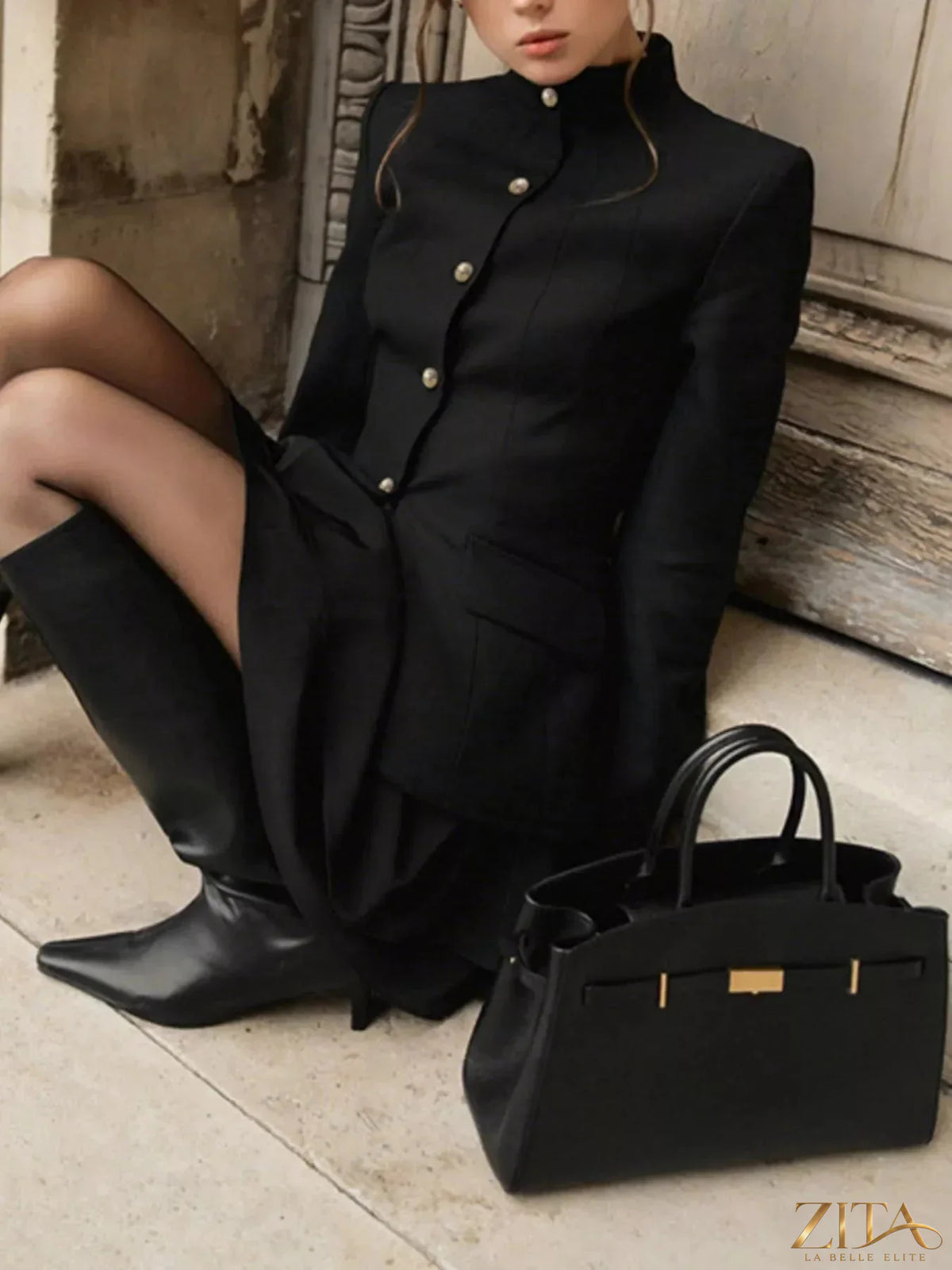 Zita La Belle Elite elegant stand collar blazer and matching mini skirt set, stylish formal outfit, black tailored design