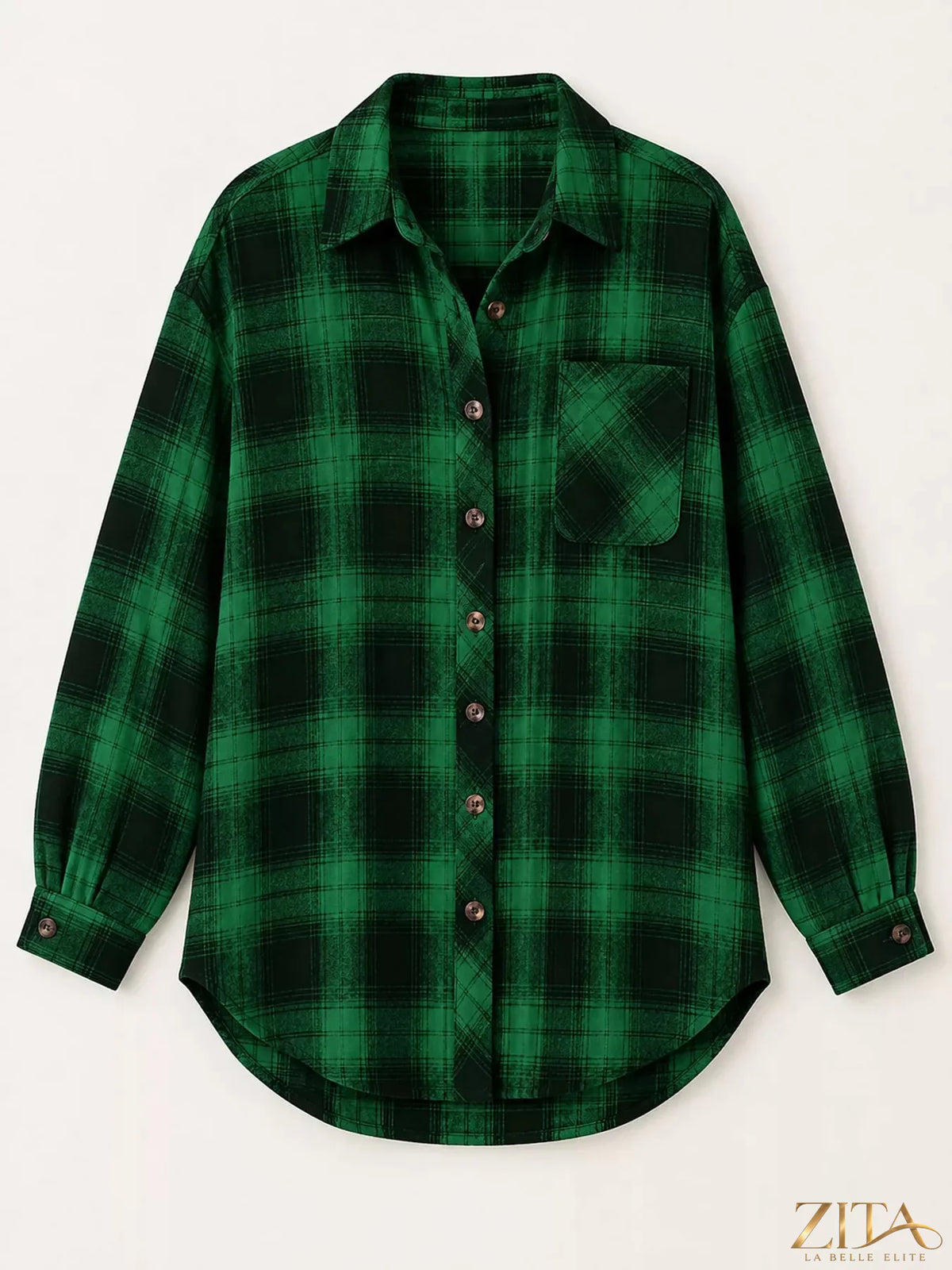 Zita La Belle Elite oversized plaid button-down shirt with a relaxed fit, featuring classic tartan pattern and front buttons.