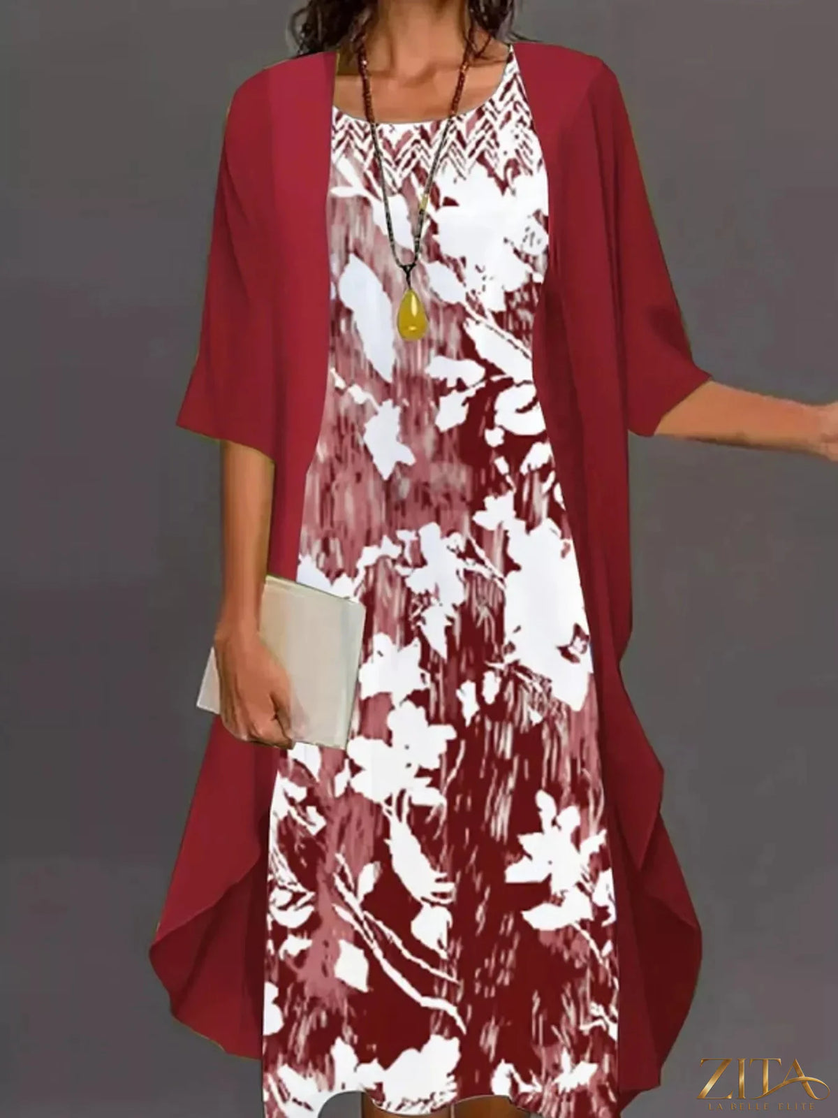 Plus size floral print midi dress and chiffon cardigan set by Zita La Belle Elite, featuring vibrant patterns and flowing fabric.