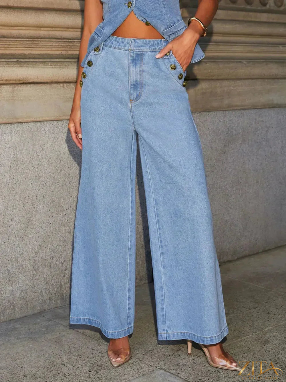 Zita La Belle Elite Button Decor High Rise Wide Leg Jeans in denim with gold buttons and a relaxed fit, front view.