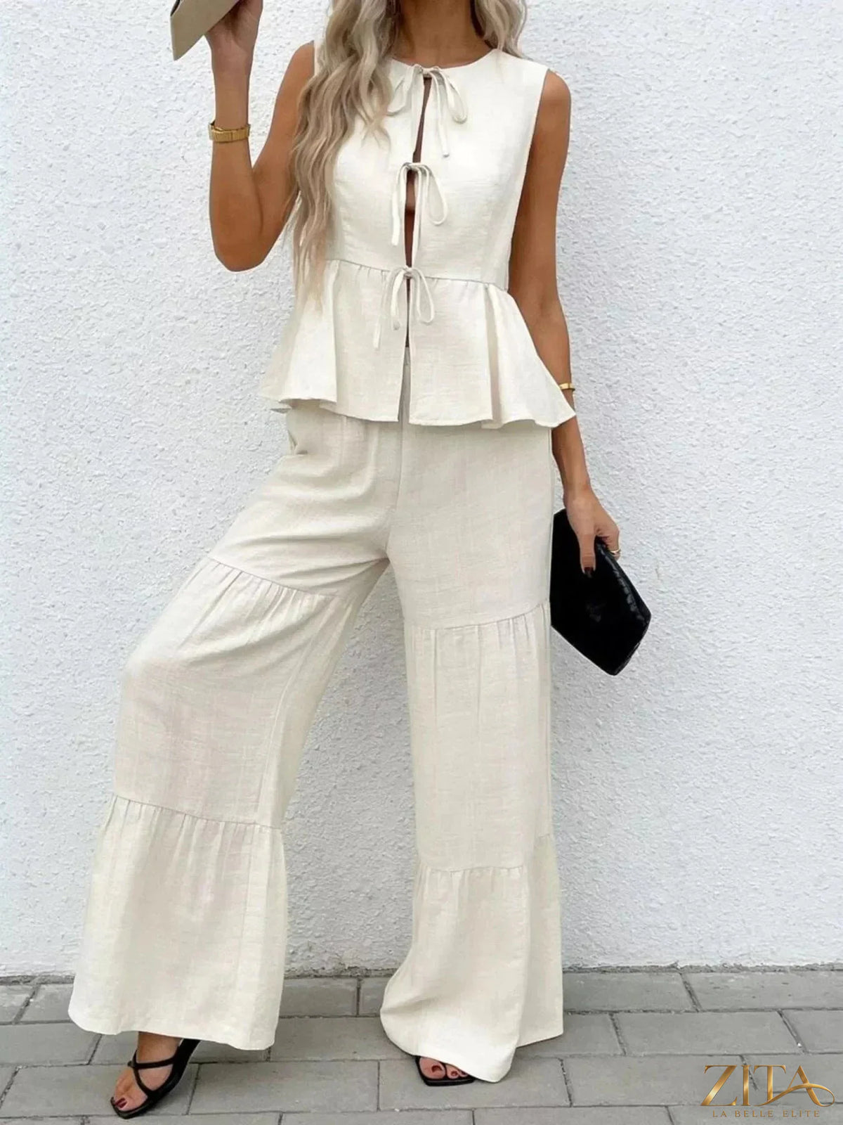 Zita La Belle Elite sleeveless tie-front top with matching wide-leg pants set, stylish and comfortable summer outfit.