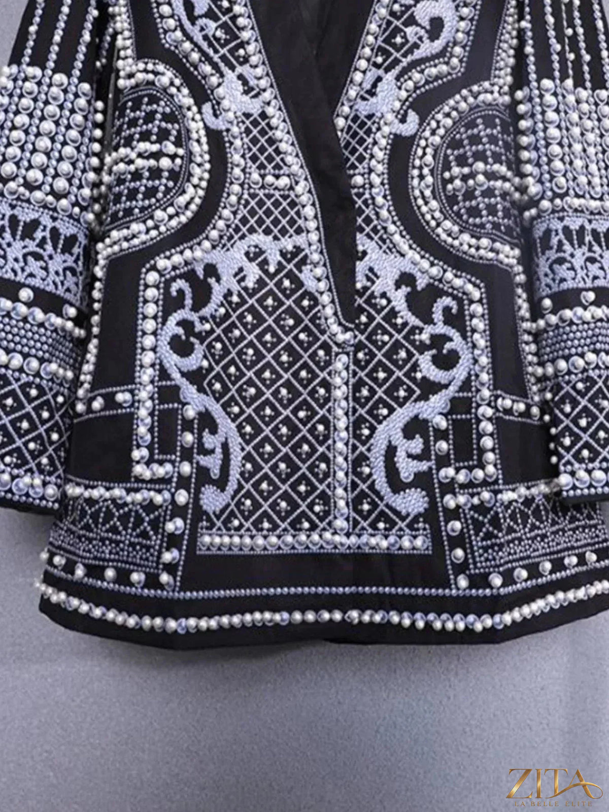 Plus size Zita La Belle Elite embellished pearl blazer with one button, tailored fit, featuring decorative pearl details.